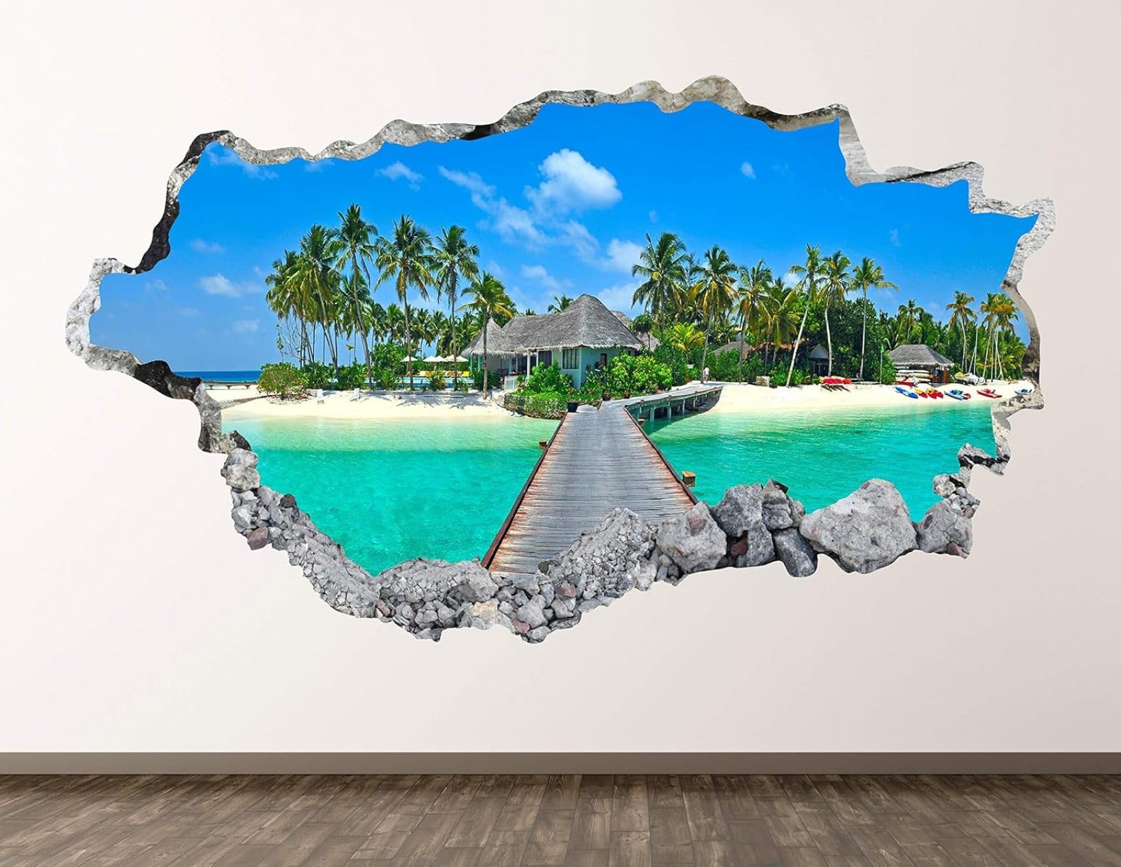 Vinilos Decorativos 3D Rotos Paisaje De Vacaciones En La Playa Tatuaje de pared vinilo extraíble decoración del hogar Calcomanías impermeables para Guardería Habitación Decoración de pared 70x122cm