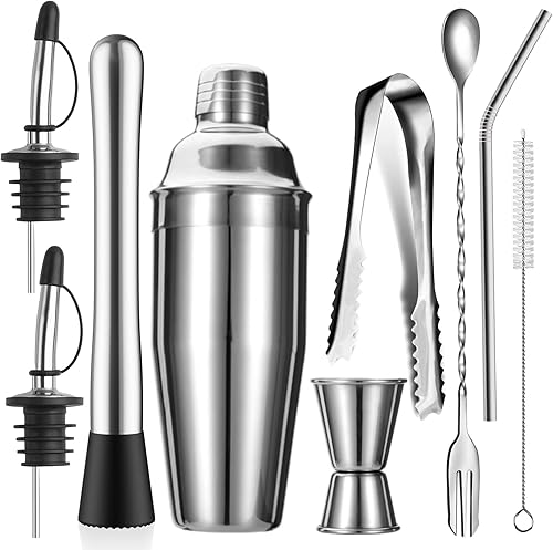 Juego de coctelera de 24 onzas, 9 piezas, kit de barman de bar, herramientas perfectas para mezclar bebidas, Martini, juego de bar de acero