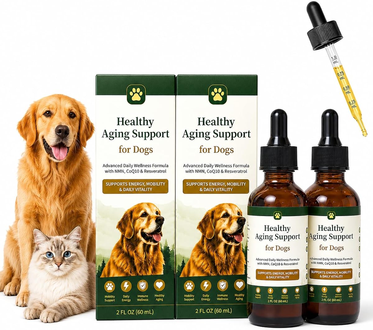 Suplemento de longevidad para perros con NMN, NAD+, CoQ10 y resveratrol, suministro para 60 días | Fórmula nanoliposomal para un envejecimiento saludable, energía, movilidad y vitalidad de las articulaciones