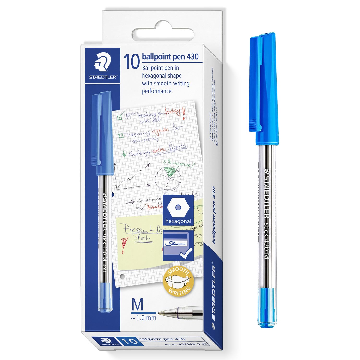 STAEDTLER 430 M Stick Ballpoint Pens Writing Pen Smooth - Medium Nib - Bulk Economy School Class Pack of 100 Pens (Blue)