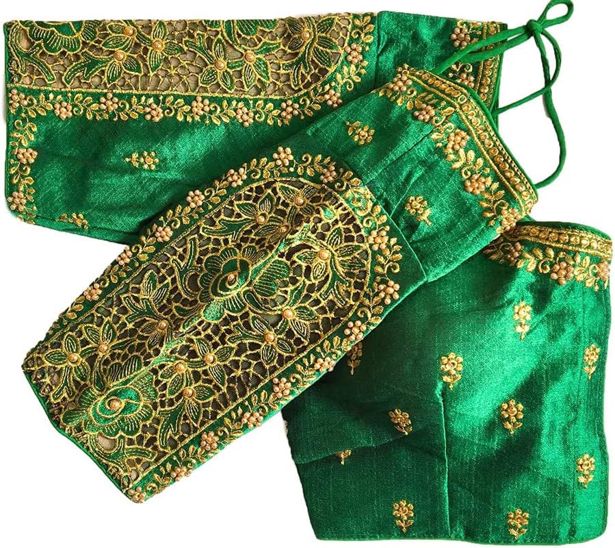 Ropa de fiesta para mujer, Bollywood Phantom Silk con mangas bordadas de flores, corte de sari listo para el trabajo, blusa acolchada, Verde