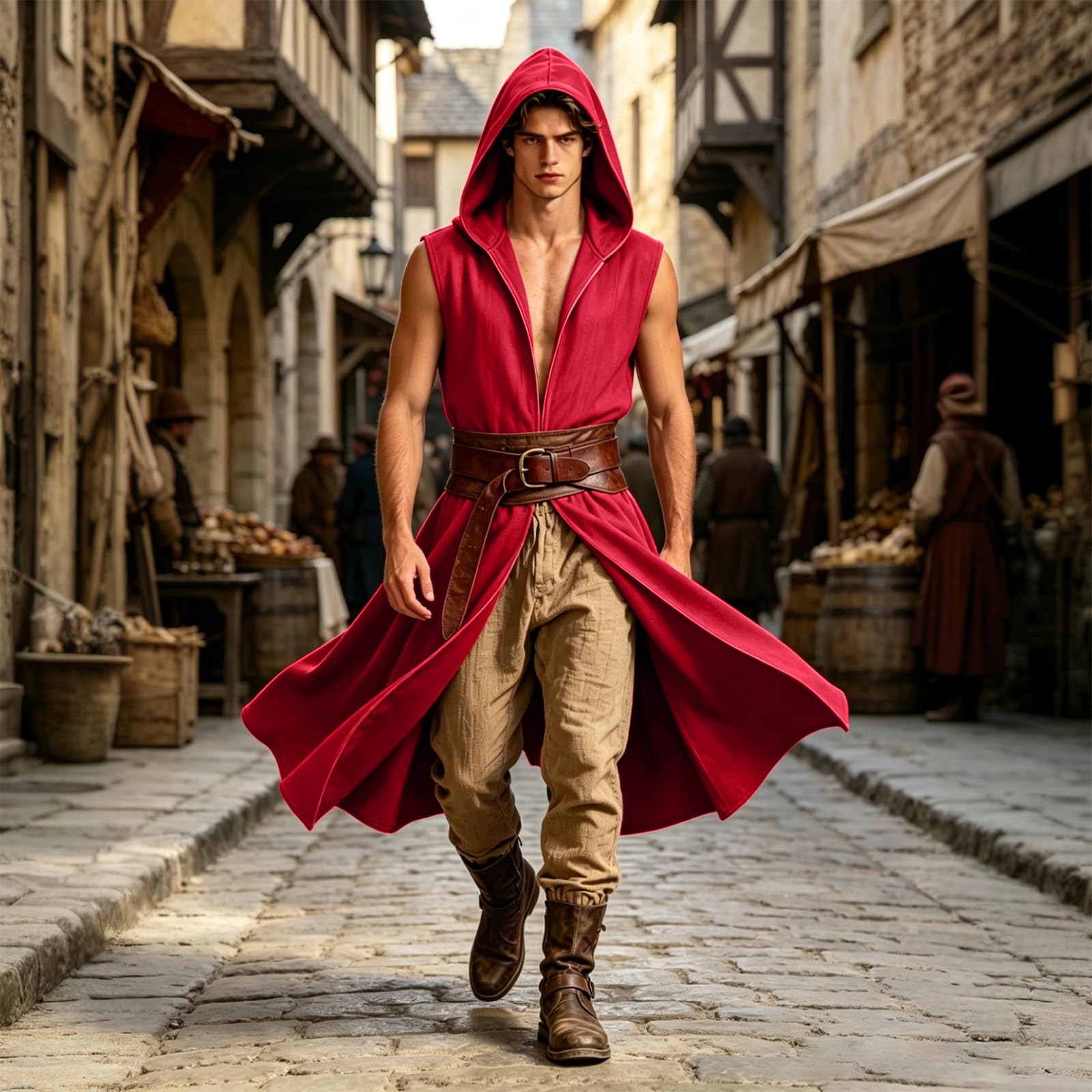 Abrigo renacentista con capucha para hombre, medieval, frente abierto, sin mangas, túnica de caballero para Halloween
