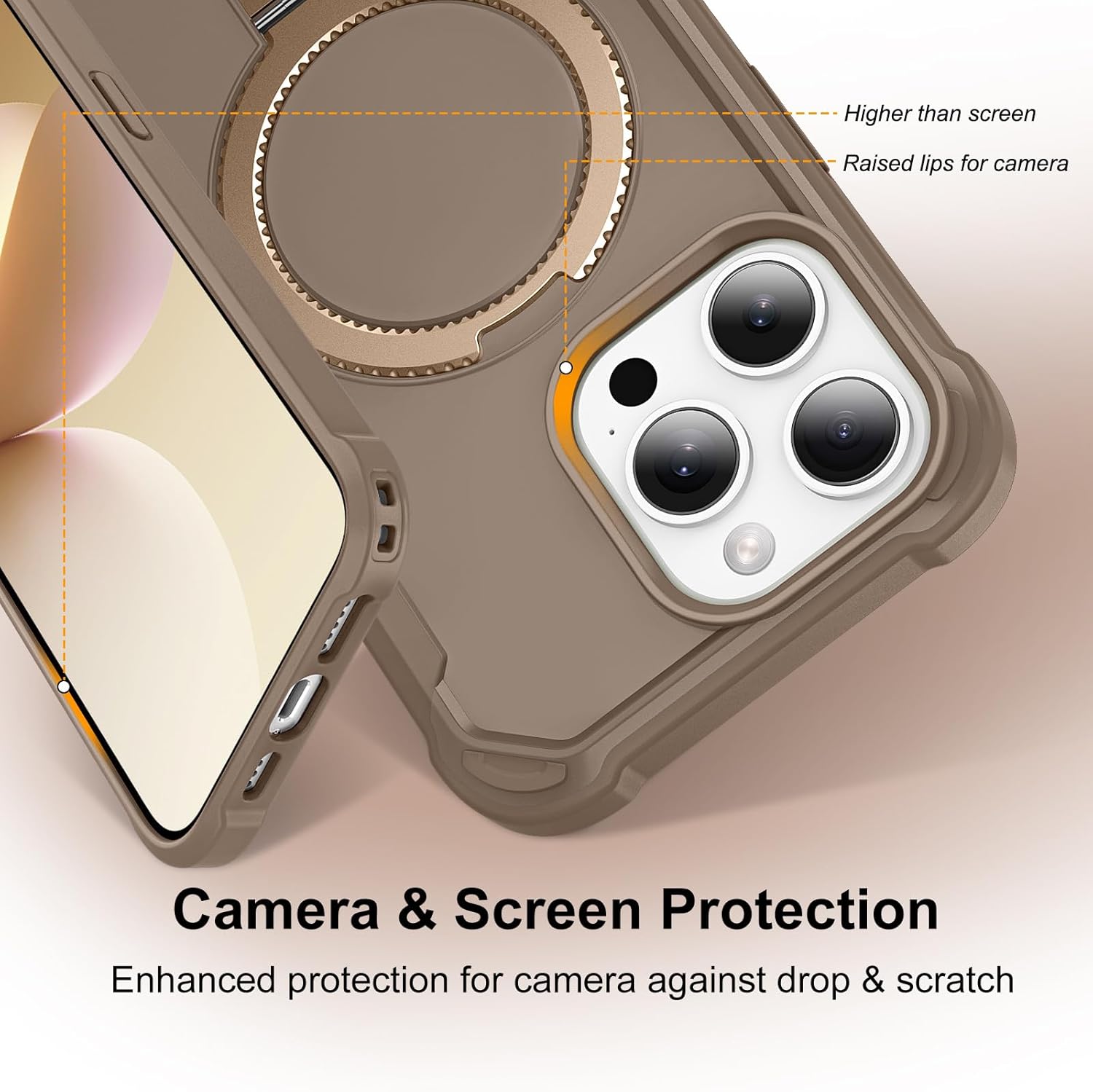 Compatible with iPhone 14 Pro Max Case with Invisible Magnetic Ring Stand [Compatible with Magnetic] [Military Drop Protection] Shockproof Hard Back Soft Edge Promax Case 6.7 Inch, Khaki