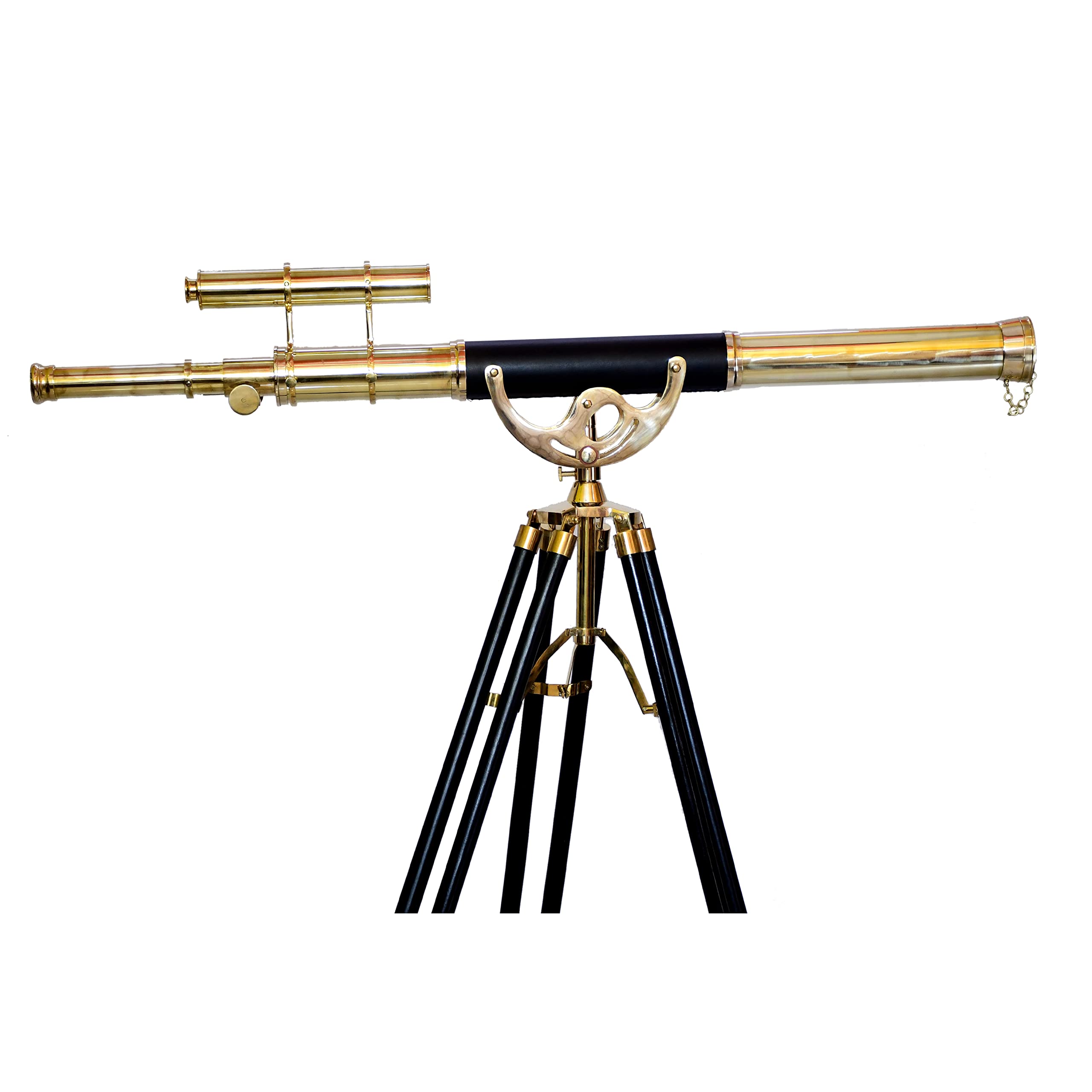 Navirock Vintage Double Barrel Shiny Brass Telescope Floor Standing Wooden Stand Home Collectible Telescope Stand Brown Adjustable Tripod