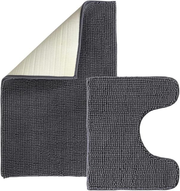 ANSIO® Bath Mat Non Slip 80 x 50cm, Pedestal Mat 50 x 40cm Soft Microfiber, Machine Washable 2 Piece Set - Grey