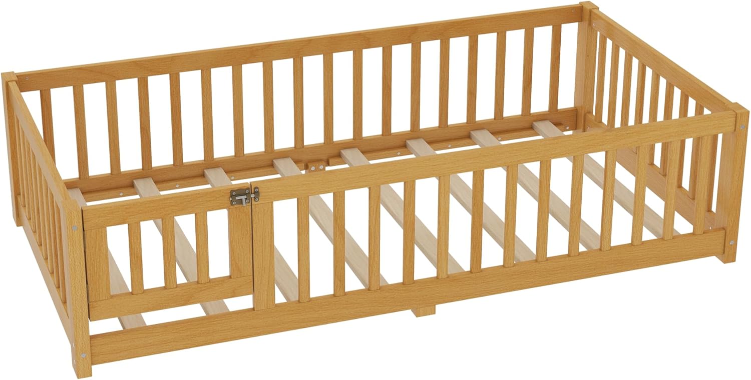 KEIKI Twin Size Floor Bed, Low Montessori Bed with Safety Guardrails and Door, Solid Wood Bed Frame for Boys & Girls, Natural