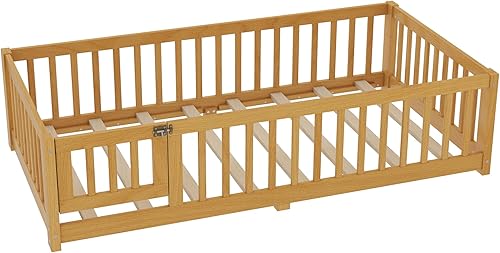 Miniatura 4 de SOFTSEA Montessori - Cama con puerta y barandillas, marco de cama baja de madera maciza con valla, no necesita somier, natural Natural