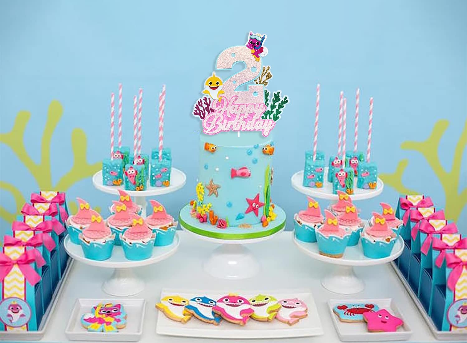 Shark Baby 2nd Birthday Cake Topper Girl,Shark Cake Topper 2,Shark 2 Cake Topper For Baby Girls Shark Two Birthday Decorations Party Supplies