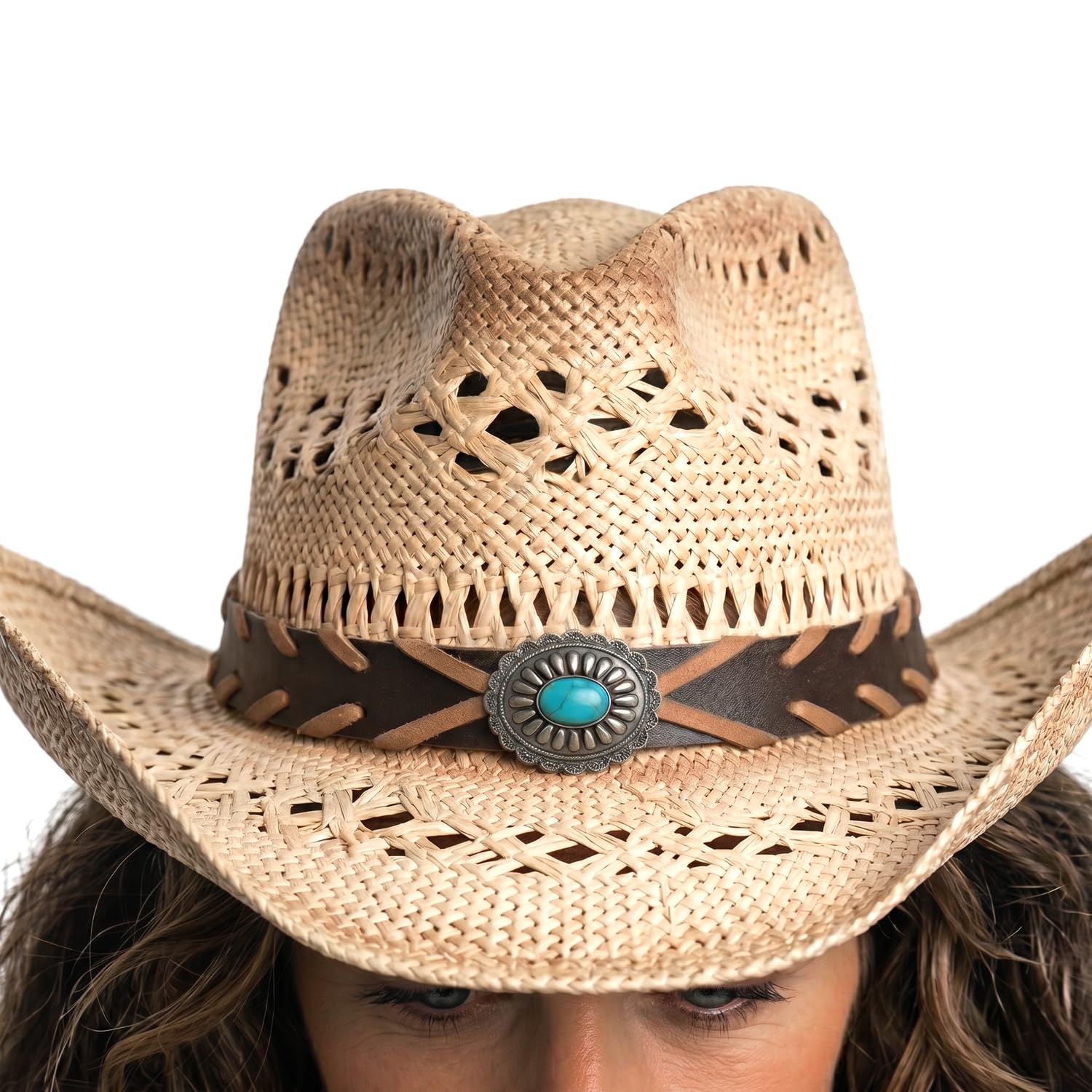 TOVOSO Straw Cowboy Hat for Women and Men with Shape-It Brim, Western Cowboy Hat, Orange/Beads - Tea Stain, Turquoise - Tea Stain, M-L