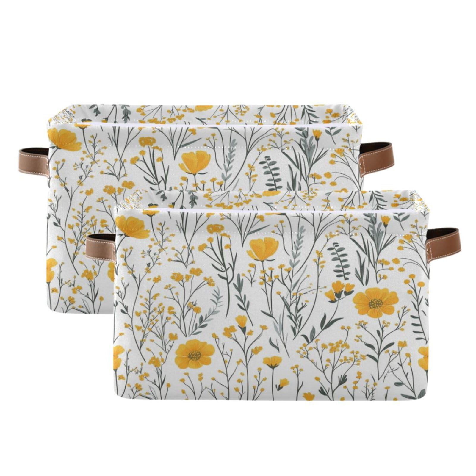 Kigai Yellow Flowers Storage Basket with Handle Collapsible Canvas Fabric Storage Bins Shelves Closet Organizer Gift Toy Basket for Bedroom Nursery Office, 1 PACK