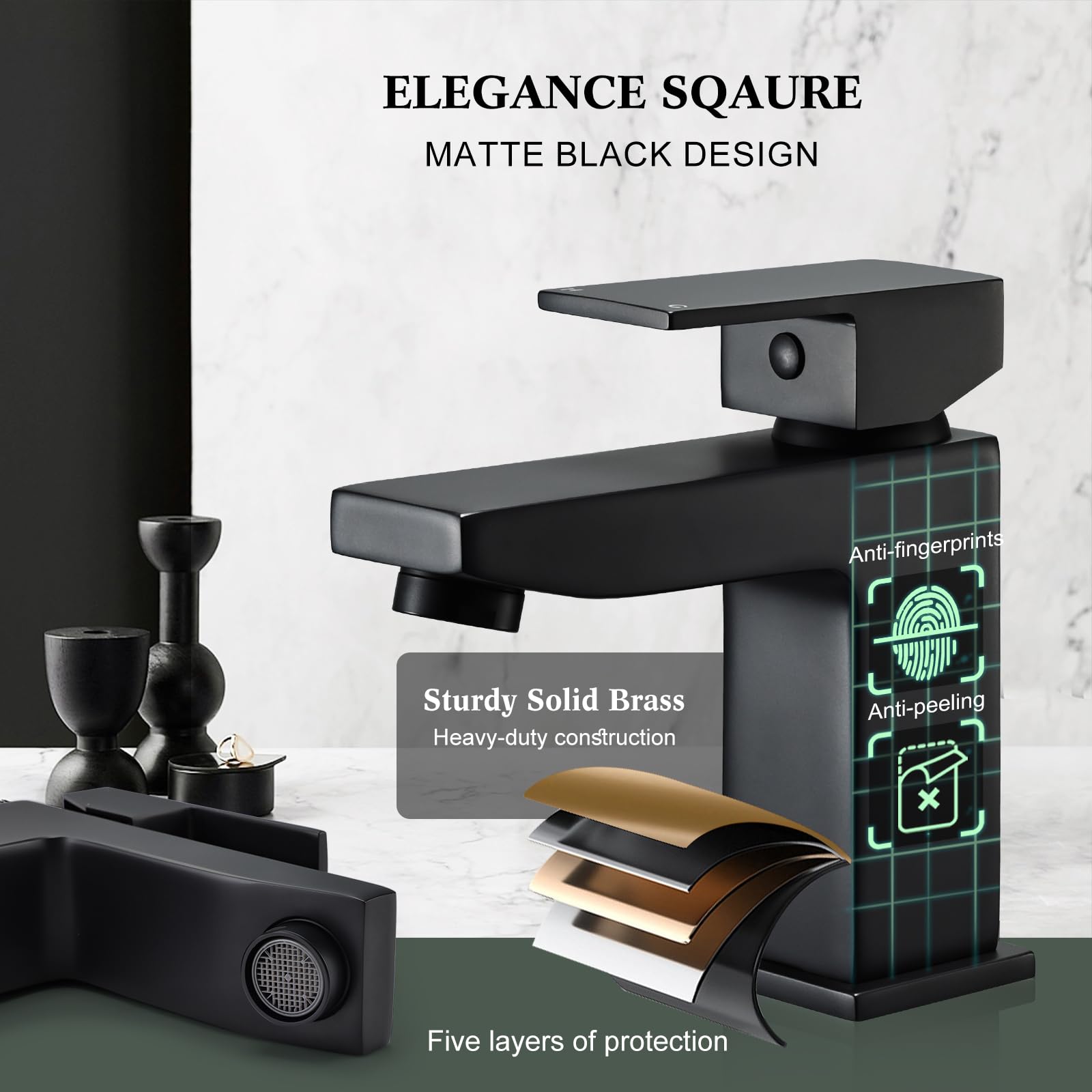 Basin Mixer Tap Black Bathroom Sink Taps with Pop Up Sink Waste, Square Basin Taps with Drain - Image 3