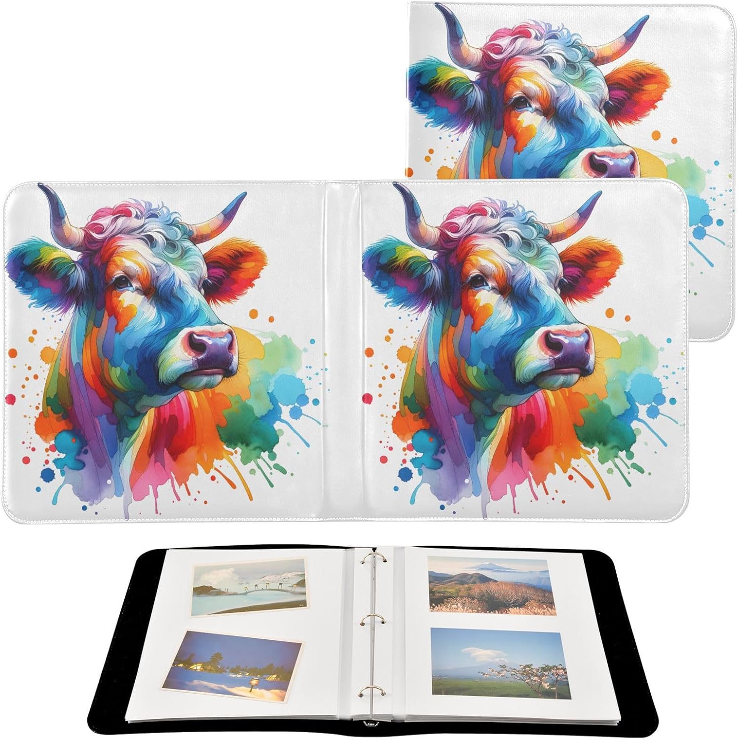 JIPONI Cattle Head Colorful Large Photo Album, DIY Leather Cover Scrapbook Albums for 4x6 5x7 6x8 Pictures, Self Adhesive Memory Book for Wedding, Baby, Family