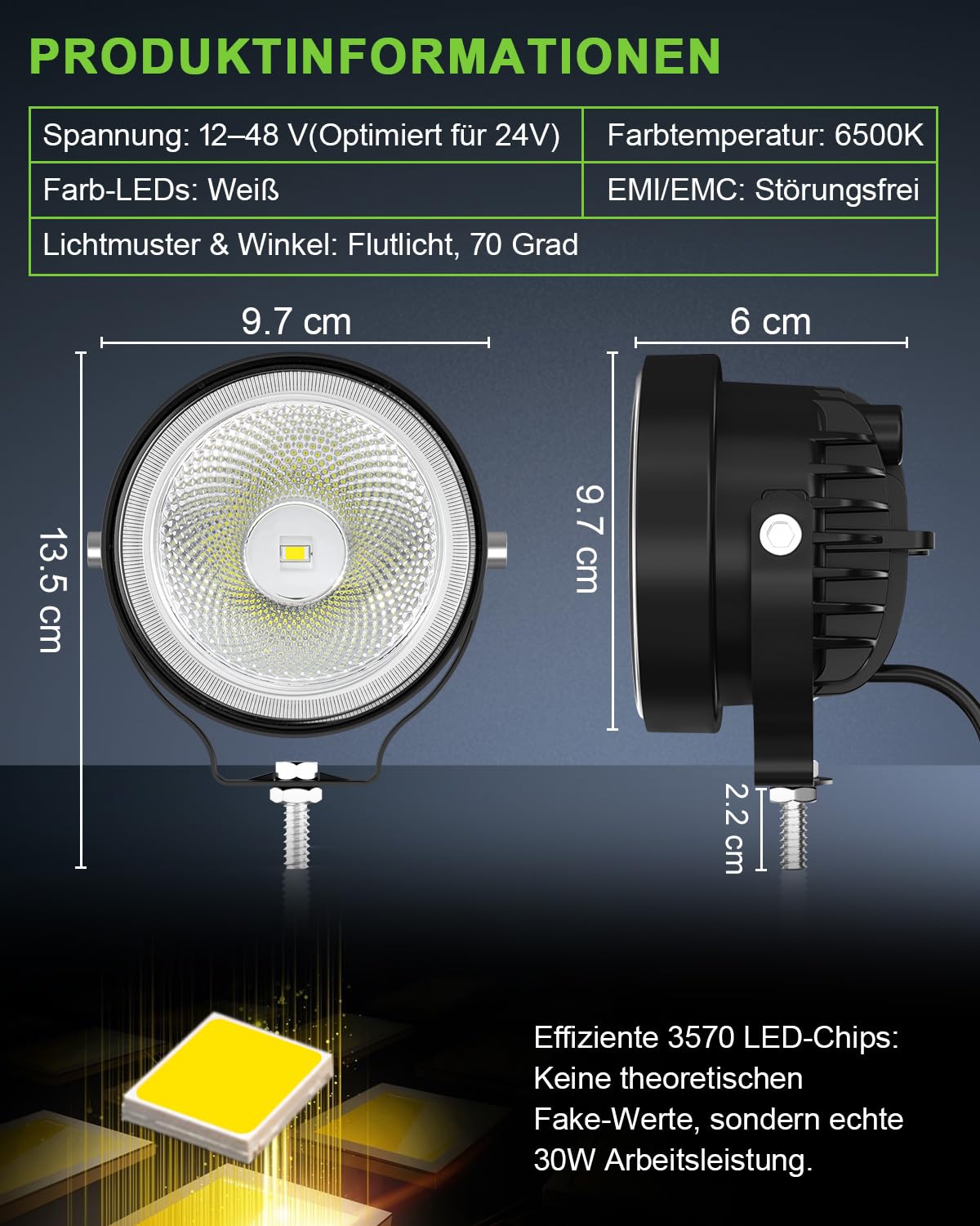 2 Stück 60W LED Arbeitsscheinwerfer 4 Zoll Rund, 12V 24V Flutlicht