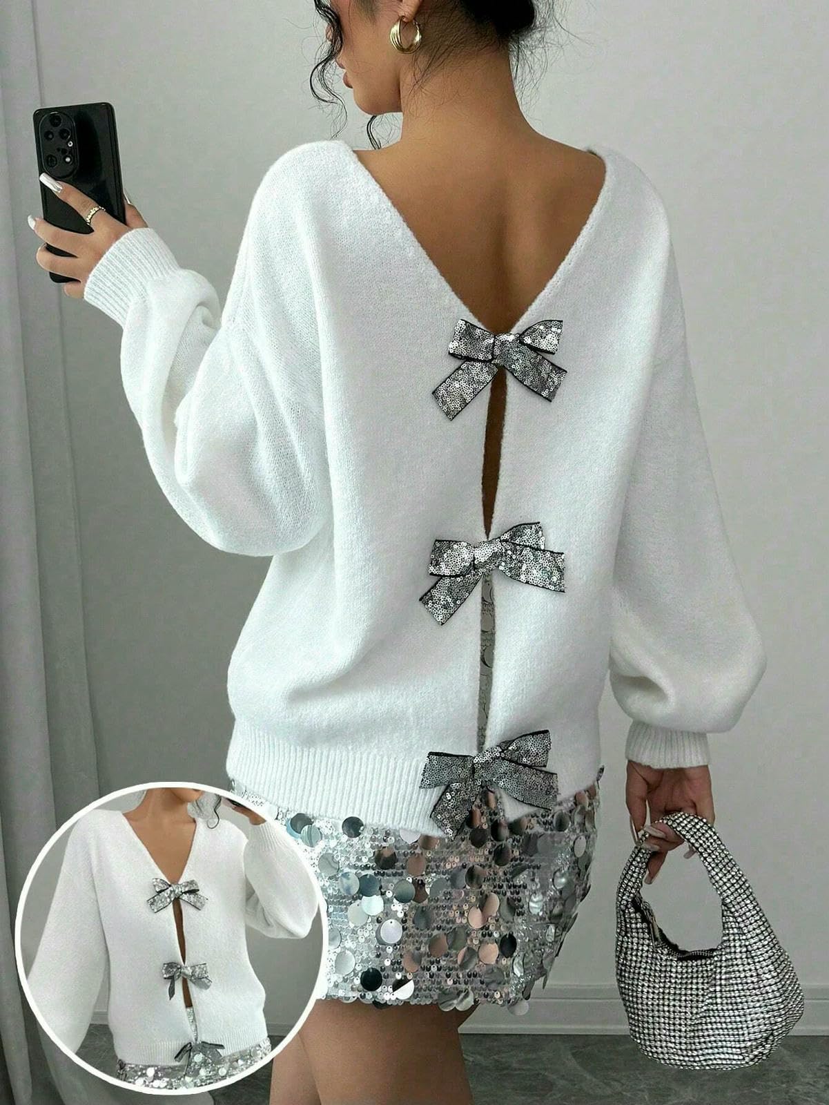 CHENSHI Maglione Donna Cardigan in Maglia di Nicchia A Maniche Lunghe Sciolto con Fiocco Paillettes Autunno E Inverno Nuova Moda Maglione-Bianco-s