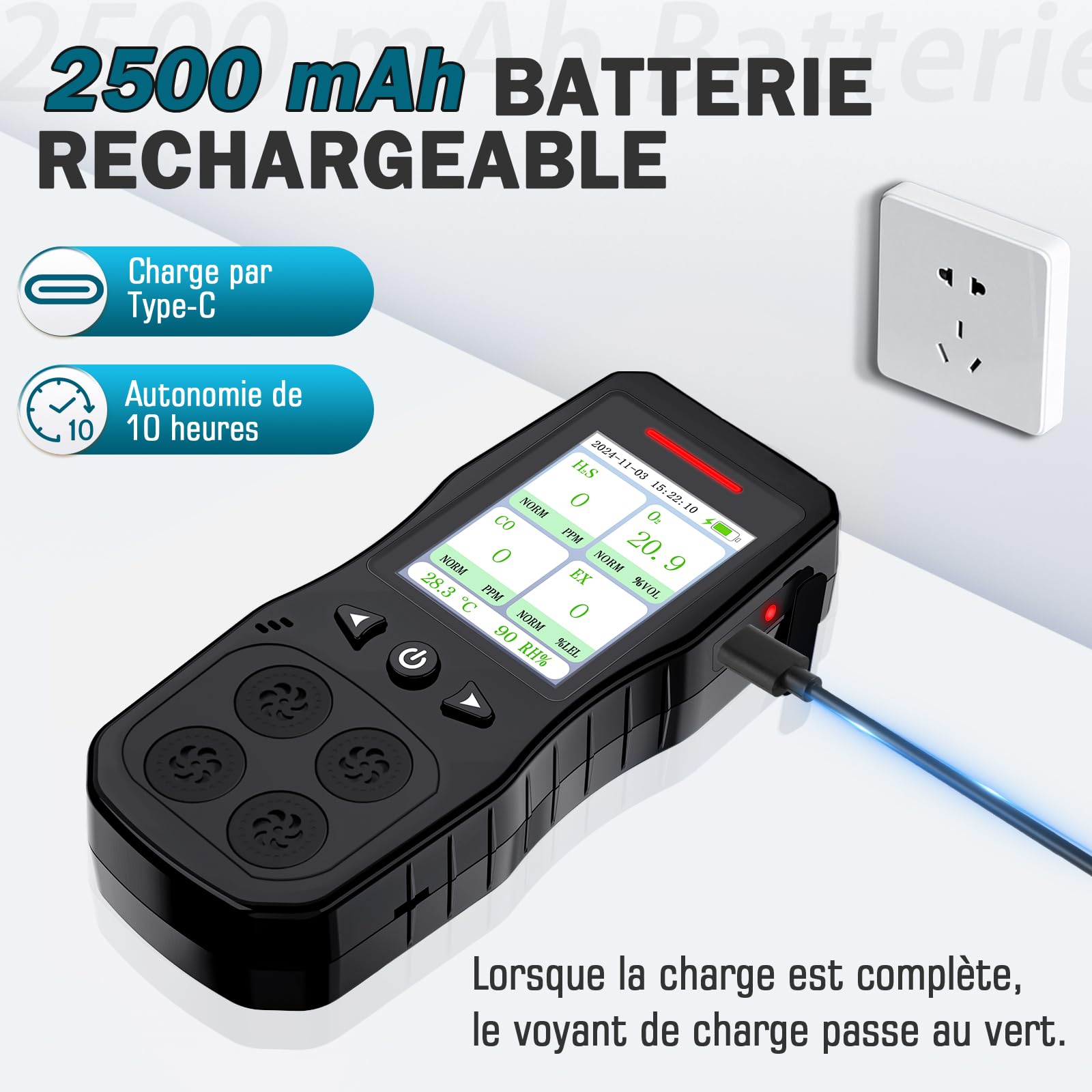 Détecteur De 4 Gaz, Moniteur 4 Gaz Rechargeable pour H2S, CO, LEL, O2 avec Alarme Sonore, Lumineuse Et Vibrante, Noir