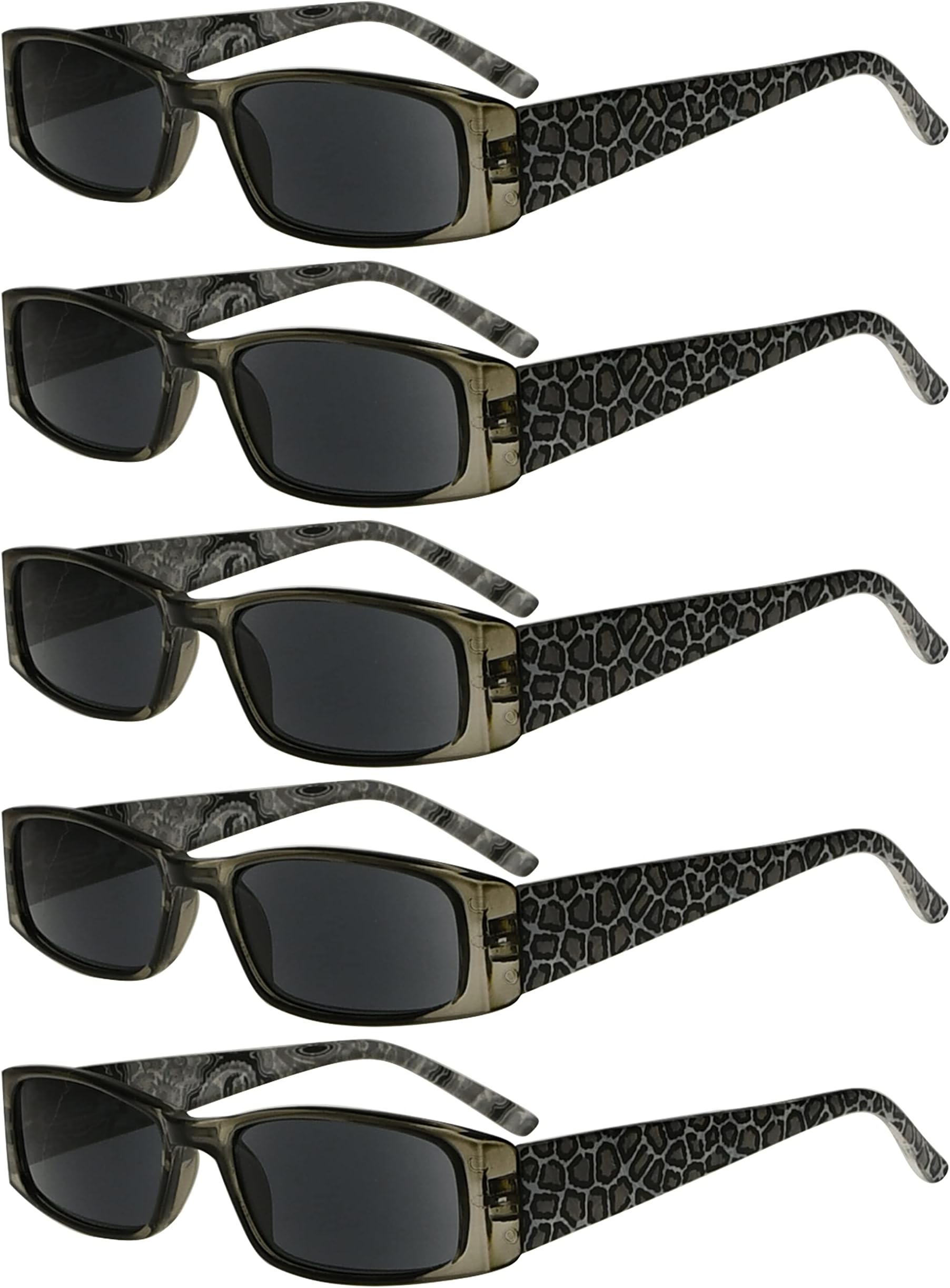 5-Pack Spring Hinges Tiger Patterned Temples Rectangular Reading Sunglasses Sunshine Readers +2.0