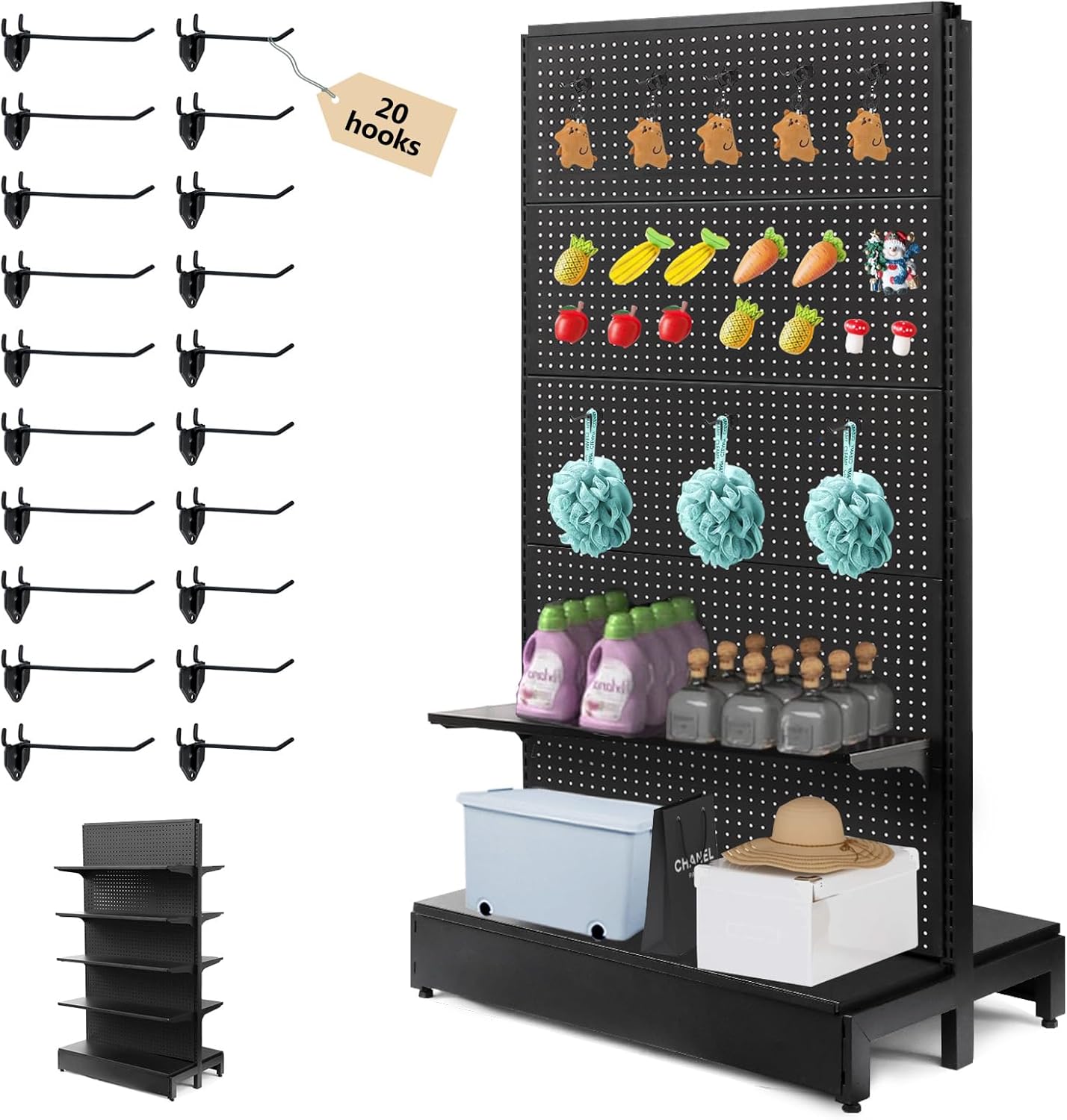 NectaCol Pegboard Display Stand, Gondola Retail Shelving Wall Display for Convenient Grocery Office Supply or Liquor Stores, Single Side Peg Board Panels, Extra 20 Hooks, No Including 4 Shelves