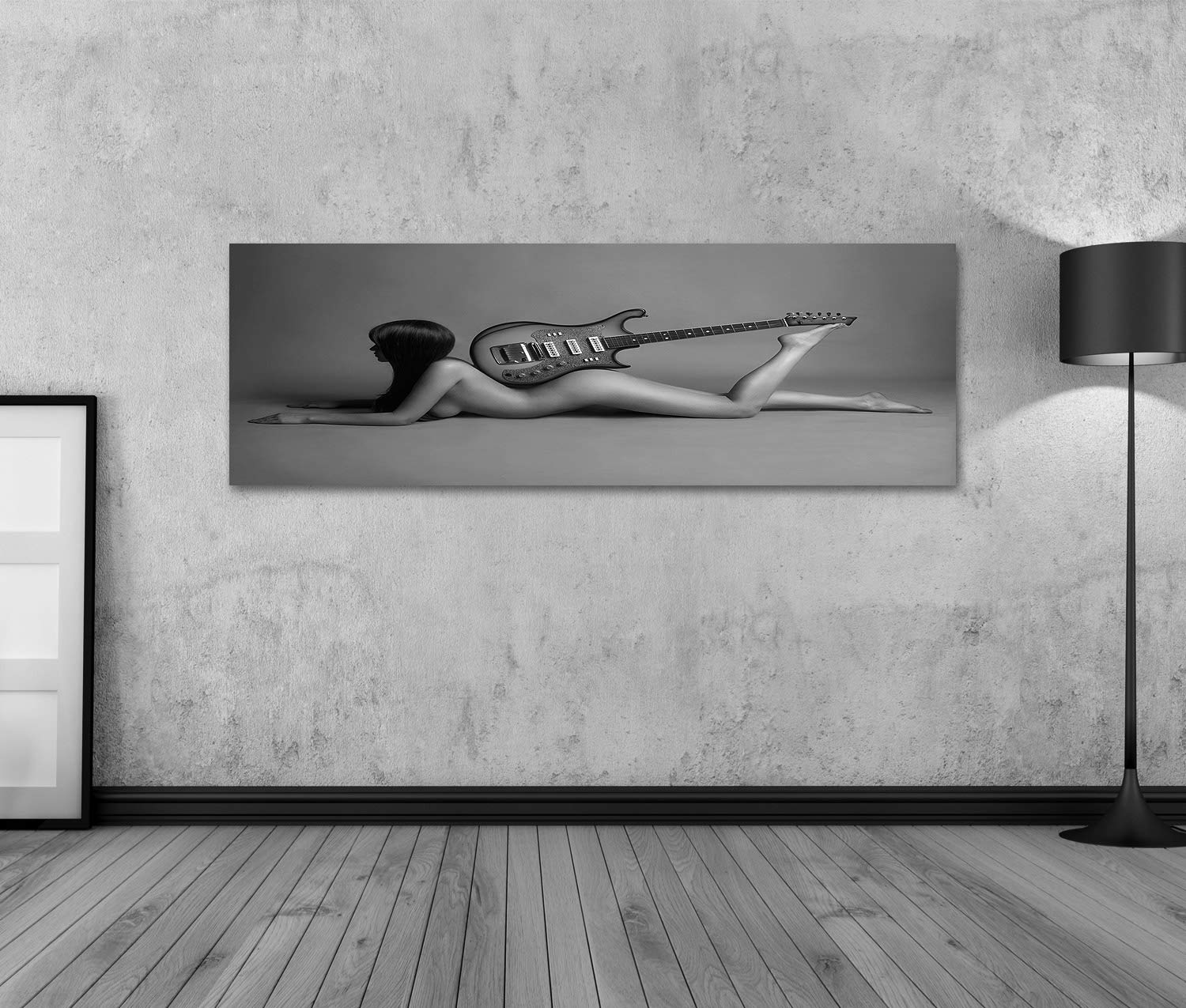 islandburner Quadro su tela Bella giovane donna con chitarra. ragazza musicale nuda. ritratto monocromatico di moda Stampe Arte Poster Murale