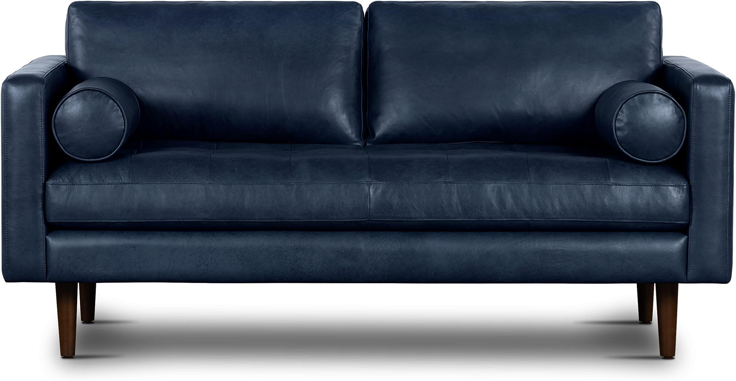 Napa 72" Leather Sofa – Full-Grain Italian-Tanned Aniline Leather, Feather-Down Comfort, Solid Wood Frame, Walnut Legs, Midnight Blue