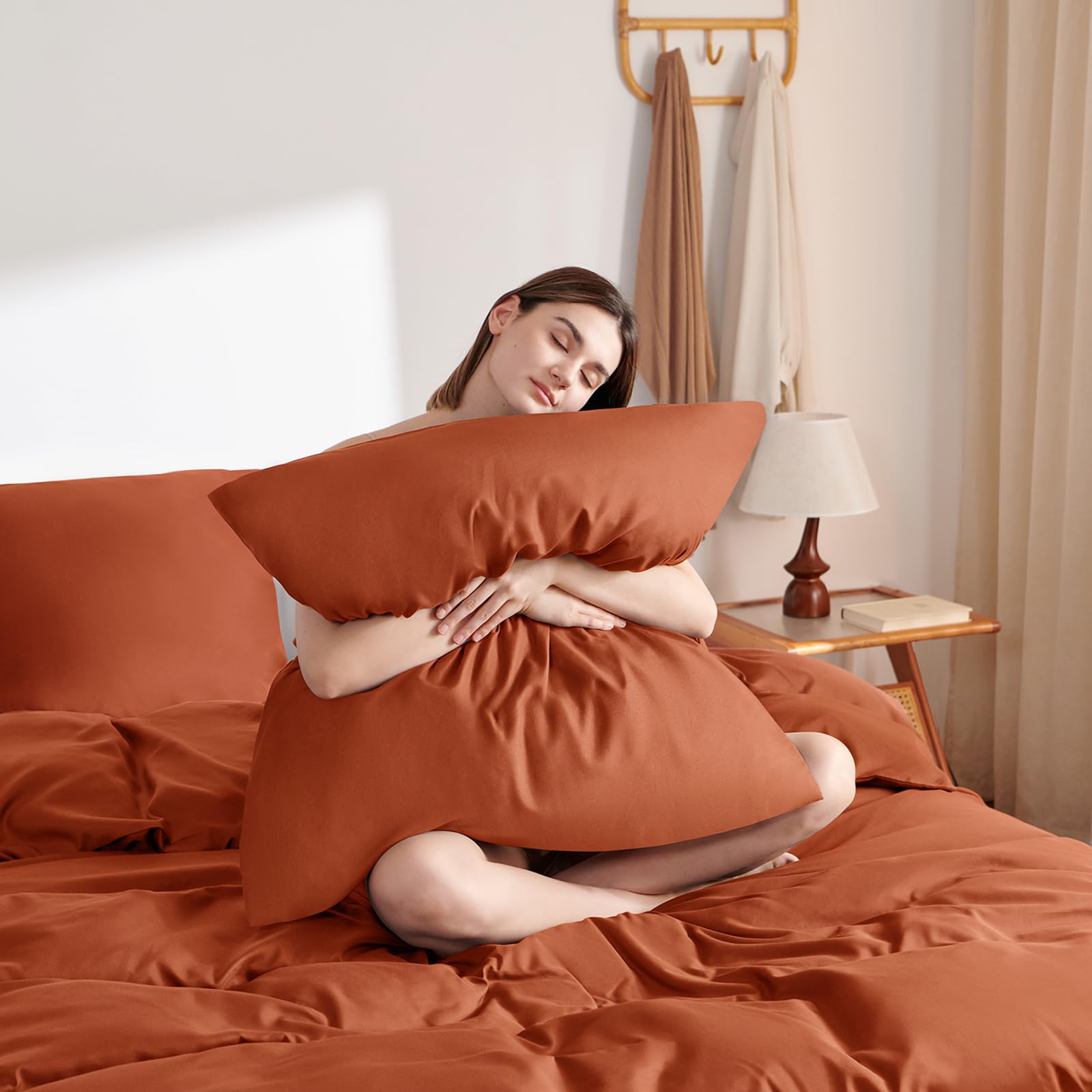 WAVVE Set di biancheria da letto 155 x 220 cm, 3 pezzi, terracotta, copripiumino 155 x 220 cm, 2 federe 80 x 80 cm, in microfibra con chiusura lampo