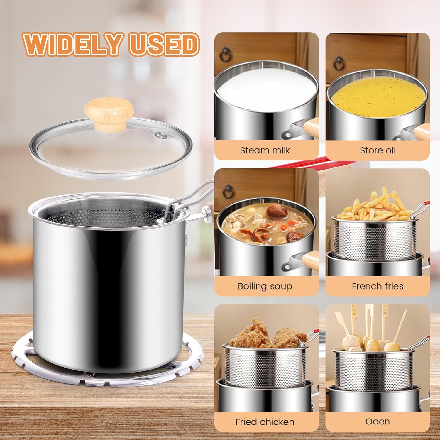 Huakaile 5 Pieces 45.7 oz/1.3 L 304 Stainless Steel Deep Fryer Pot with Basket and Lid & Tong, Wooden Handle Frying Pot with Strainer, Silver Frying Oil Container for Kitchen Chip Fish Shrimp (5)