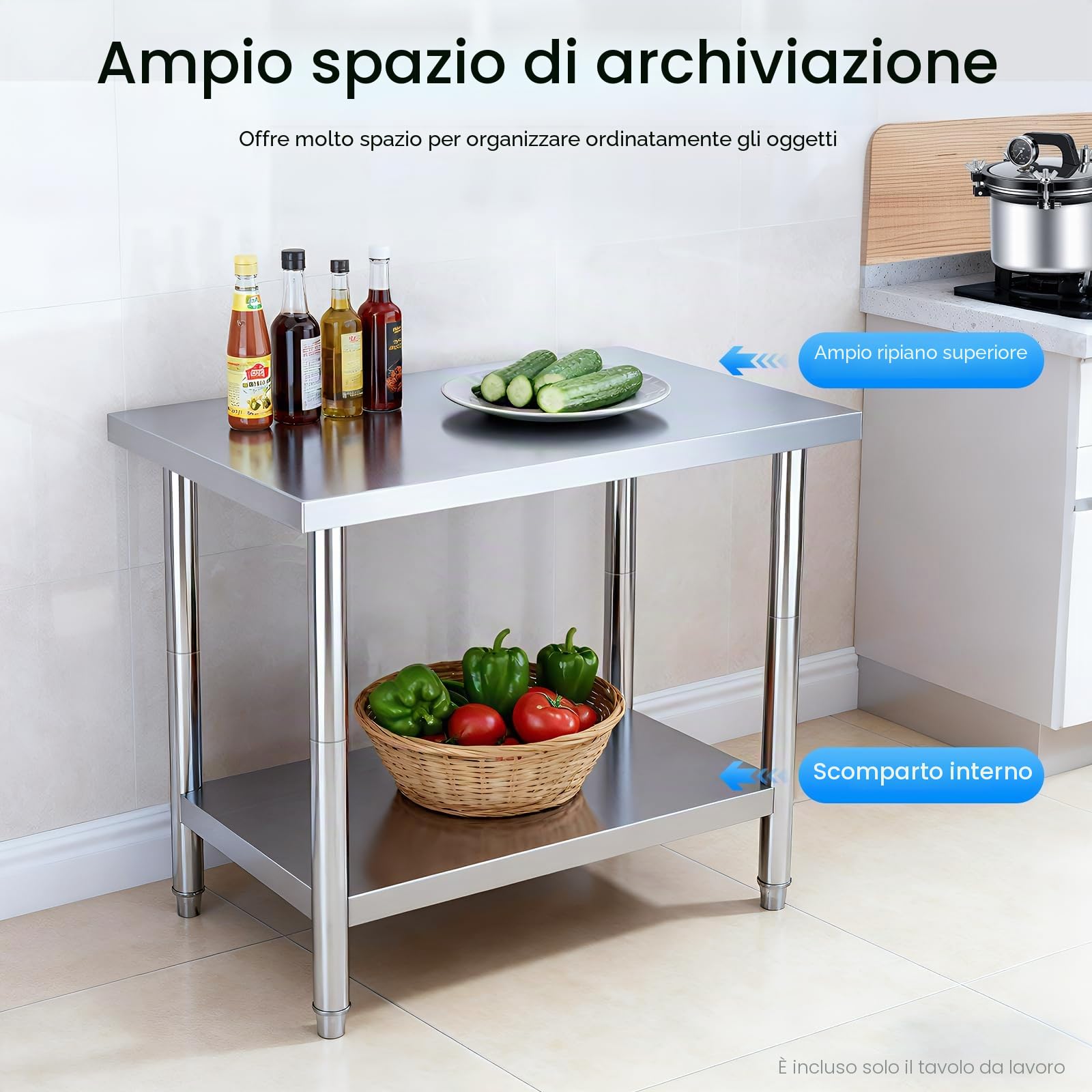 Tavolo da lavoro in acciaio inox, 60 x 45 x 80 cm, tavolo da cucina professionale, capacità di carico 400 kg, 4 gambe regolabili per ristorante, cucina, bar, hotel, garage