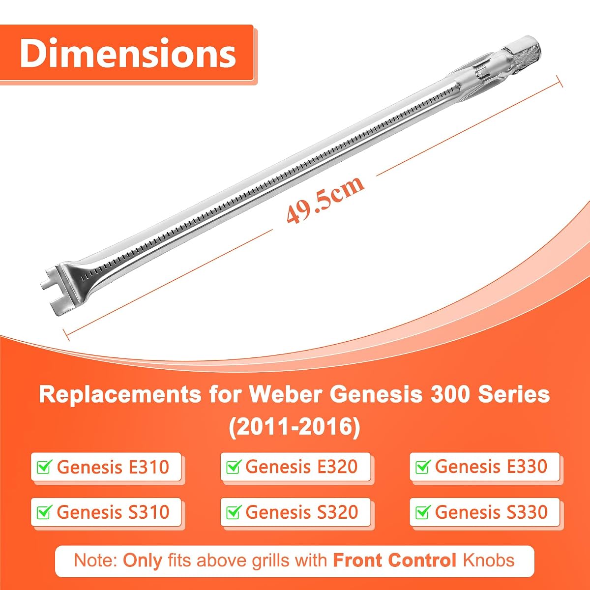 GFTIME 49,5 cm palnik do grilla Weber Genesis 300, E330 E320 E310 S310 S320 S330 grill gazowy z przyciskami przedniego palnika, stal nierdzewna 304 62752 palnik zastępuje Genesis E330, 4 sztuki