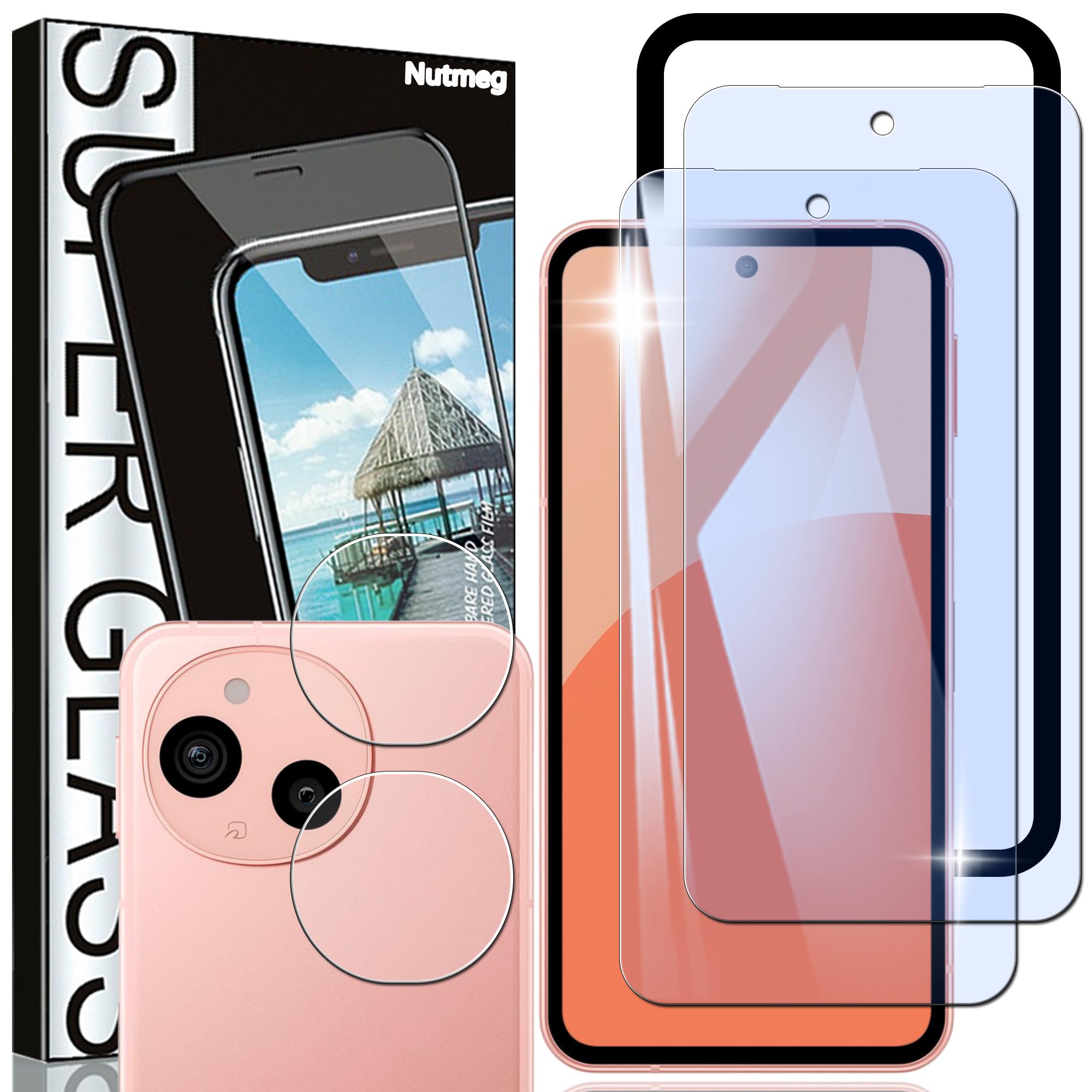 Nutmeg【2枚＋2枚+ガイド枠付き】AQUOS sense10 ガラスフィルム ブルーライトカット+AQUOS sense10 カメラフィルム【日本旭硝子素材製】アクオスセン10 保護フィルム 強化ガラス フィルム 眼精疲労軽減 効果的に近視を予防でき 衝撃吸収 指紋防止 硬度9H 飛散防止 撥水撥油 干渉しない 貼り付け簡単