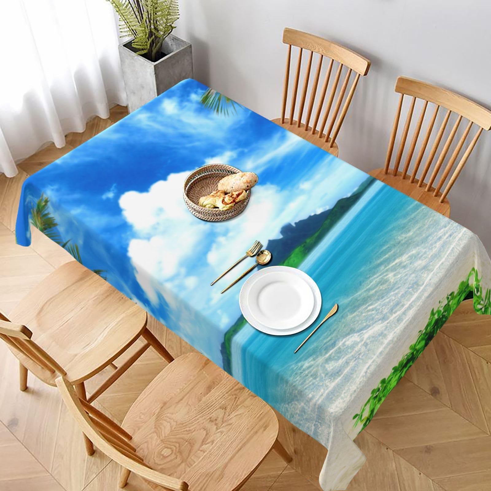 BNVSADC beach palm tree Printed Rectangle Tablecloth 228x152 CM, Water Resistant Polyester Table Cloth Decorative Fabric Table Covers for Kitchen Dining Table Parties Camping
