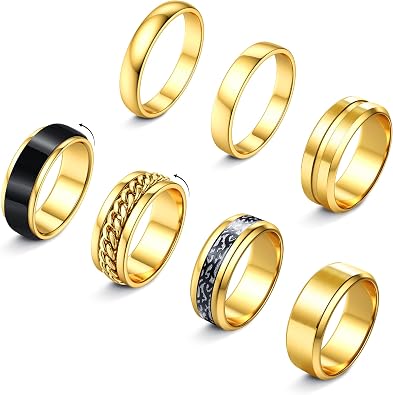 sailimue 7Pcs Stainless Steel Rings for Men Women 14K Gold Plated Fidget Rings Set Cool Spinner Chain Ring Anxiety Relief Simple Mens Engagement Promise Wedding Band Size 7-13