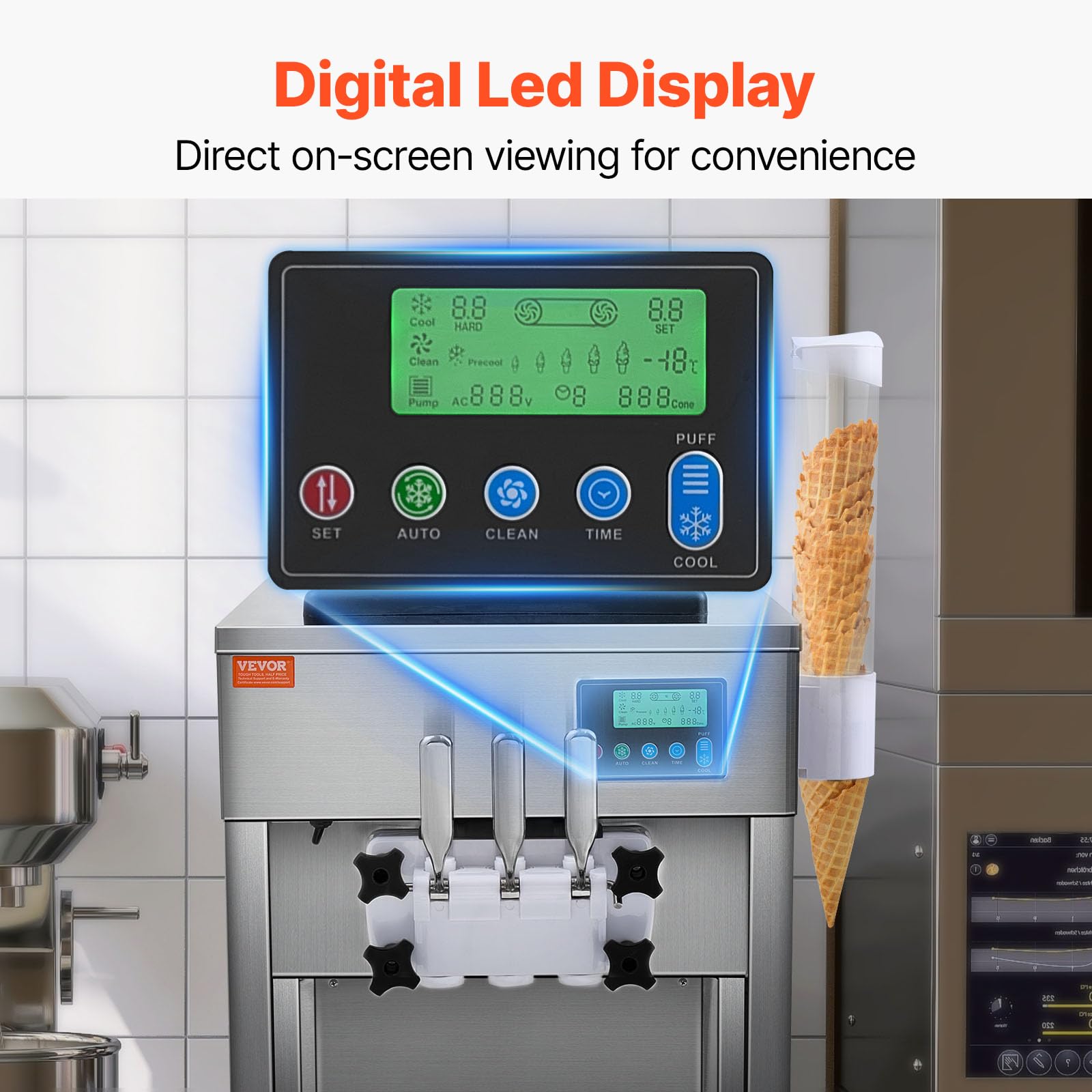 VEVOR Kommerzielle Eismaschine, 1800 W, 3-Geschmacksrichtungen, Softeismaschine Arbeitsplatte, 2 x 4 L Trichter, 2 x 1,8 L Zylinder, LCD-Bildschirm, Automatische Reinigung, Vorkühlung
