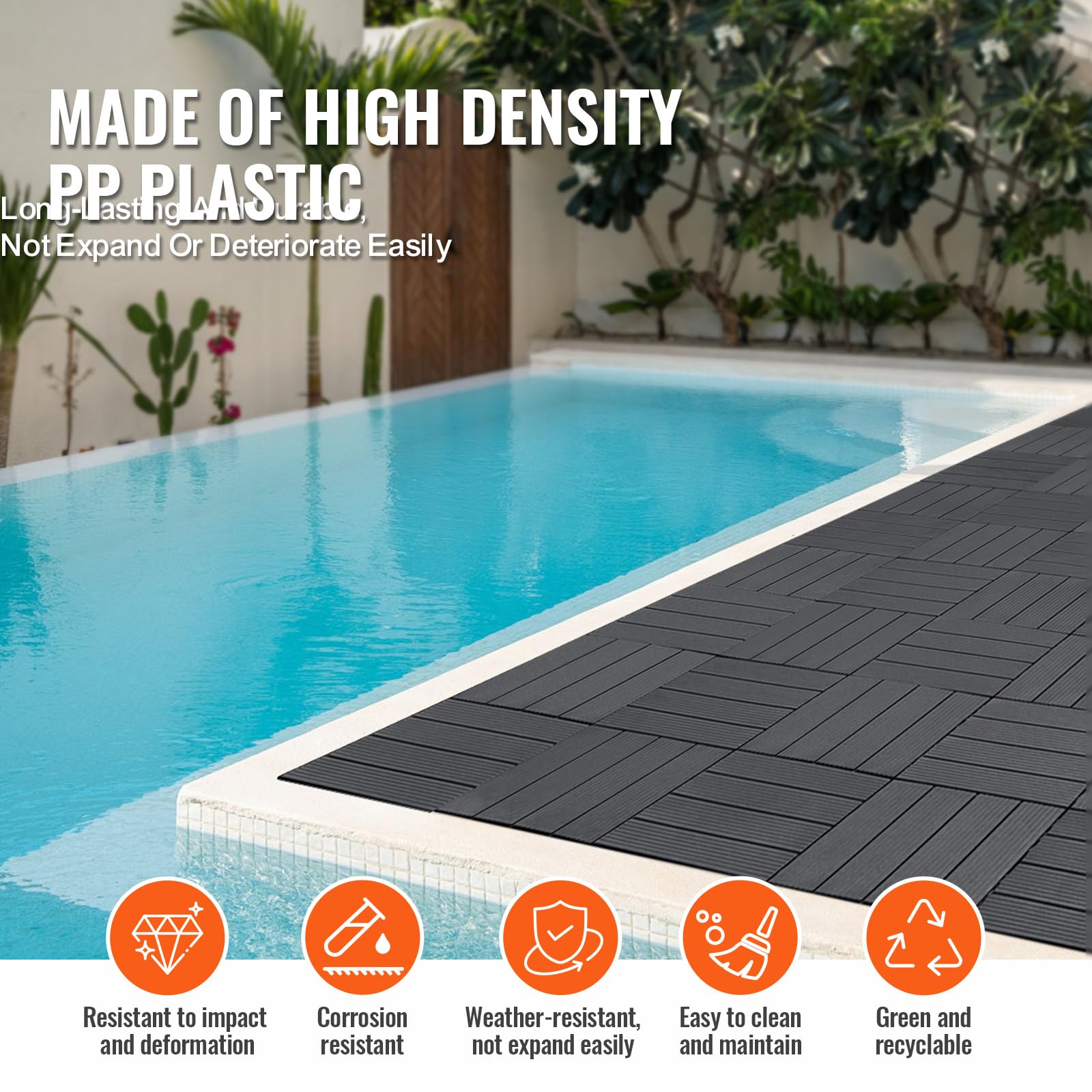 VEVOR Dalles de Terrasse Emboîtables, Lot de 36, Revêtement de Sol Plastique Imperméable, 300 x 300 mm, 33444 c㎡, Utilisation par Tous les Temps, pour Porche, Piscine, Balcon, Arrière-cour, Gris Foncé