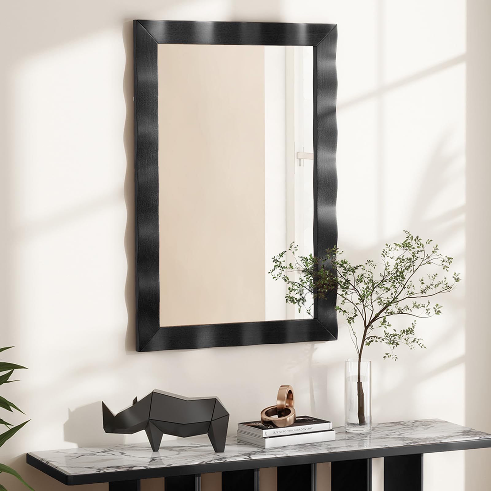 LIFEZEAL Specchio da Parete, 106x71,5 cm, Specchio con Cornice in Legno di Gomma, Specchio Ingresso Moderno, Specchio Rettangolare da Camera da Letto, Specchi Con ganci a 2 Vie (nero)