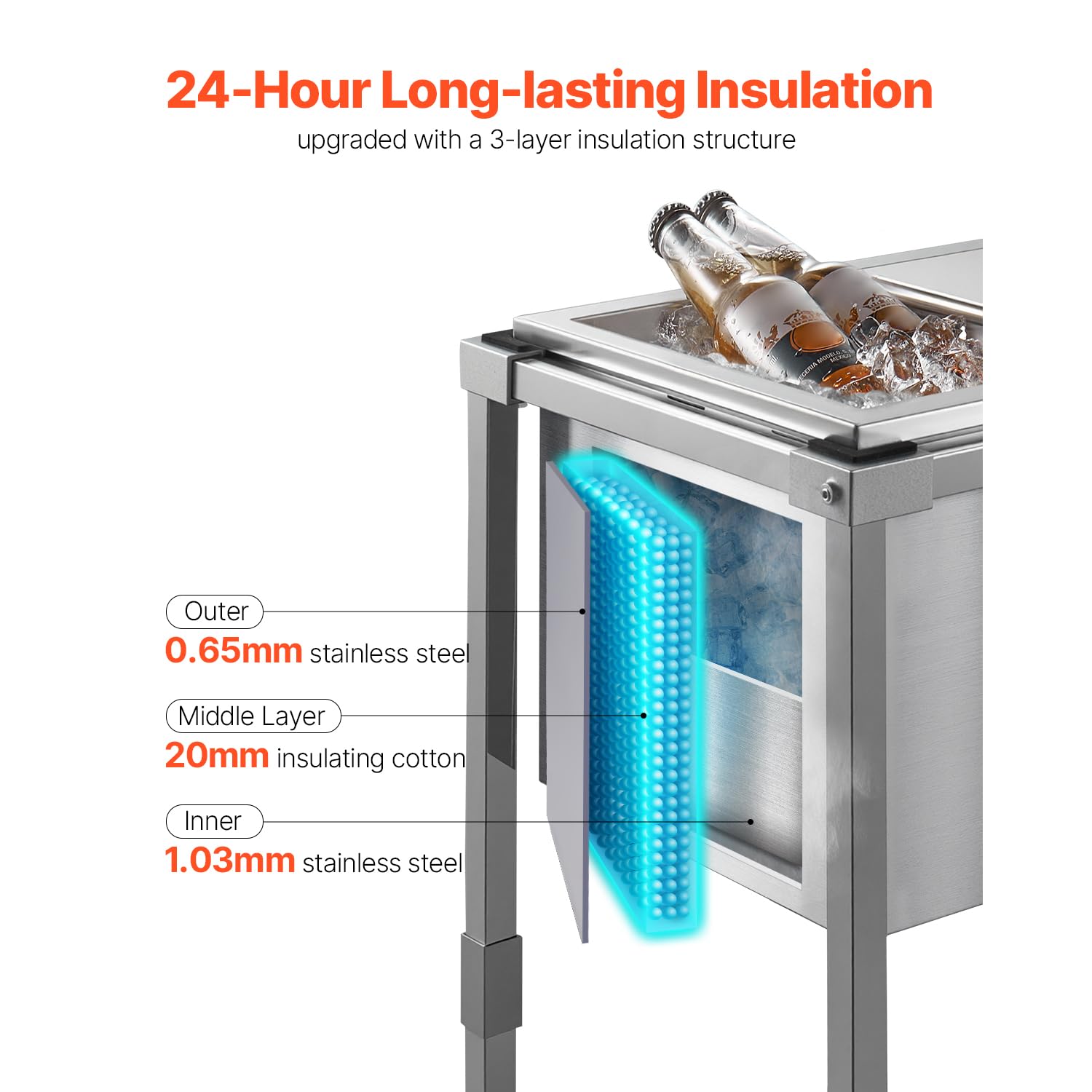 VEVOR Carrello Frigo con Ruote, 510 x 360 x 970 mm, Contenitore per Ghiaccio in Acciaio Inox su Ruote, Carrello Frigo da Esterno da 28 Litri con Ripiano, per Patio, Cortile, Bar per Feste
