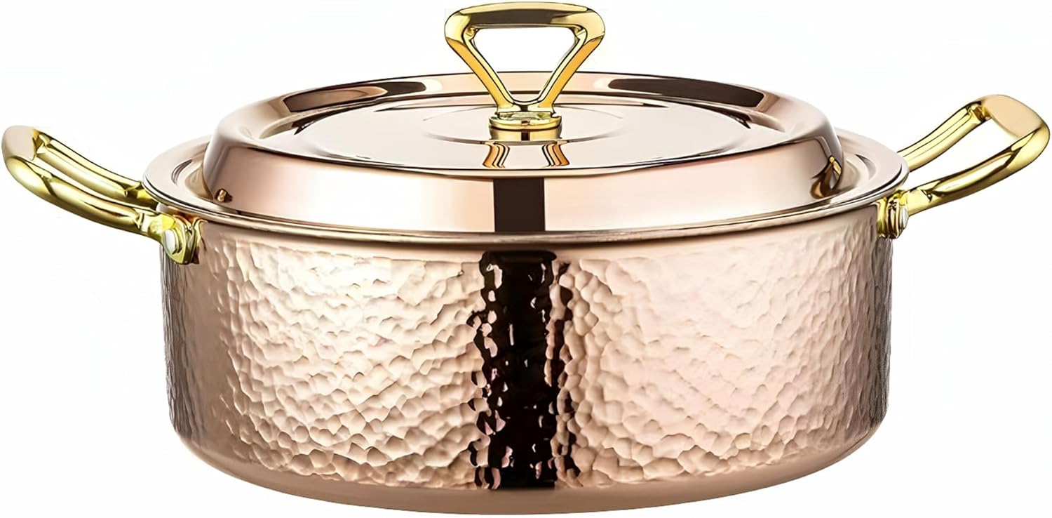 YJX 6.7QT Hammered Stock Pot with Lid, Copper Rose Gold, Tri-Ply Stainless Steel, Multi-Functional Cookware for Bake Roast Braise Saute, Magnetic Base, Dishwasher and Oven Safe (30CM)