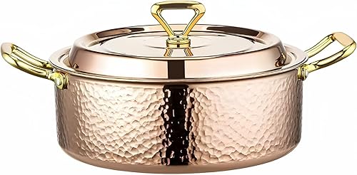 YJX Olla martillada de 6.7 cuartos de galón con tapa, oro rosa cobre, acero inoxidable de tres capas, utensilios de cocina multifuncionales para