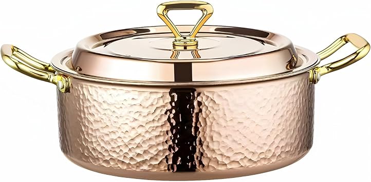 وعاء YJX 6.7QT مطروق بغطاء، ذهب وردي نحاسي، ثلاثي الطبقات من الفولاذ المقاوم للصدأ، أواني طهي متعددة الوظائف للخبز المشوي، قاعدة مغناطيسية، غسالة أطباق وفرن آمن 30 سم