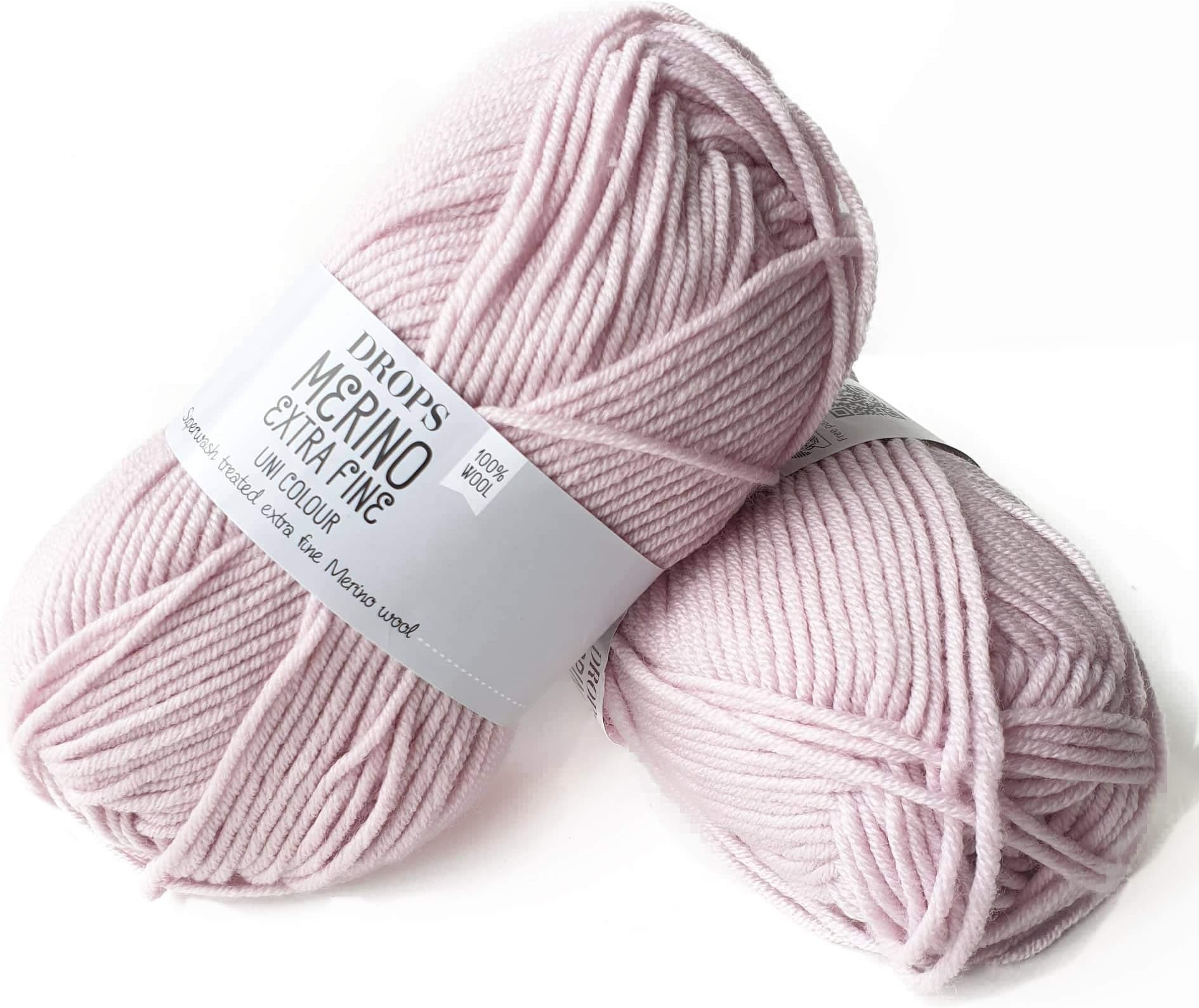 Superwash 100% Merino Wool Yarn for Knitting and Crocheting, 3 or Light, DK, Leight Worsted Weight, Drops Merino Extra Fine, 1.8 oz 115 Yards per Ball (40 Powder Pink)