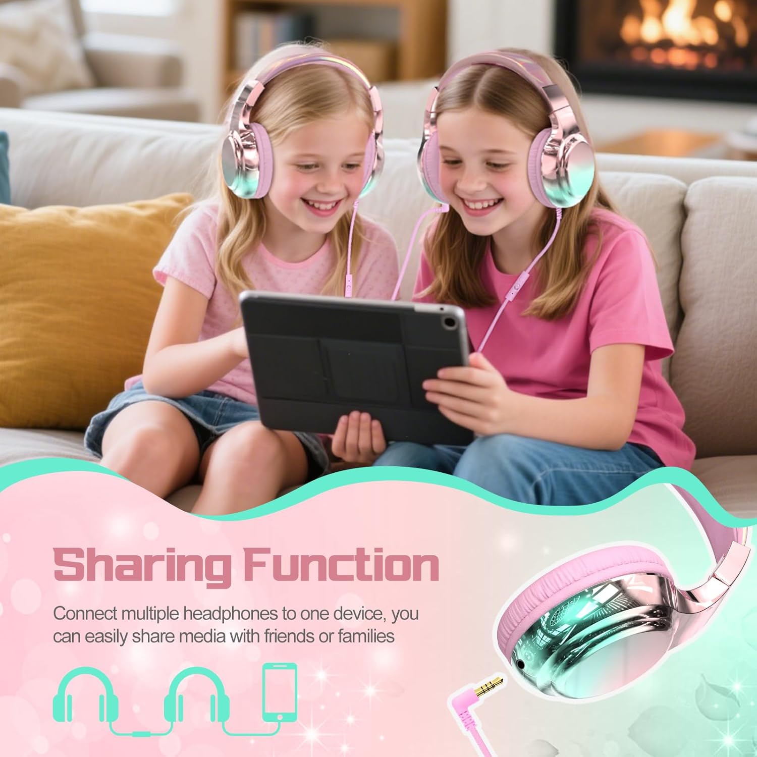 QearFun Kids Headphones Wired with Mic, 85/94dB Safe Volume Limit, Foldable Over Ear, Tangle-Free Cord & Sharing Port, Wired On-Ear Headset for School, Chromebook, Tablet, Travel - Boys & Girls - Image 6