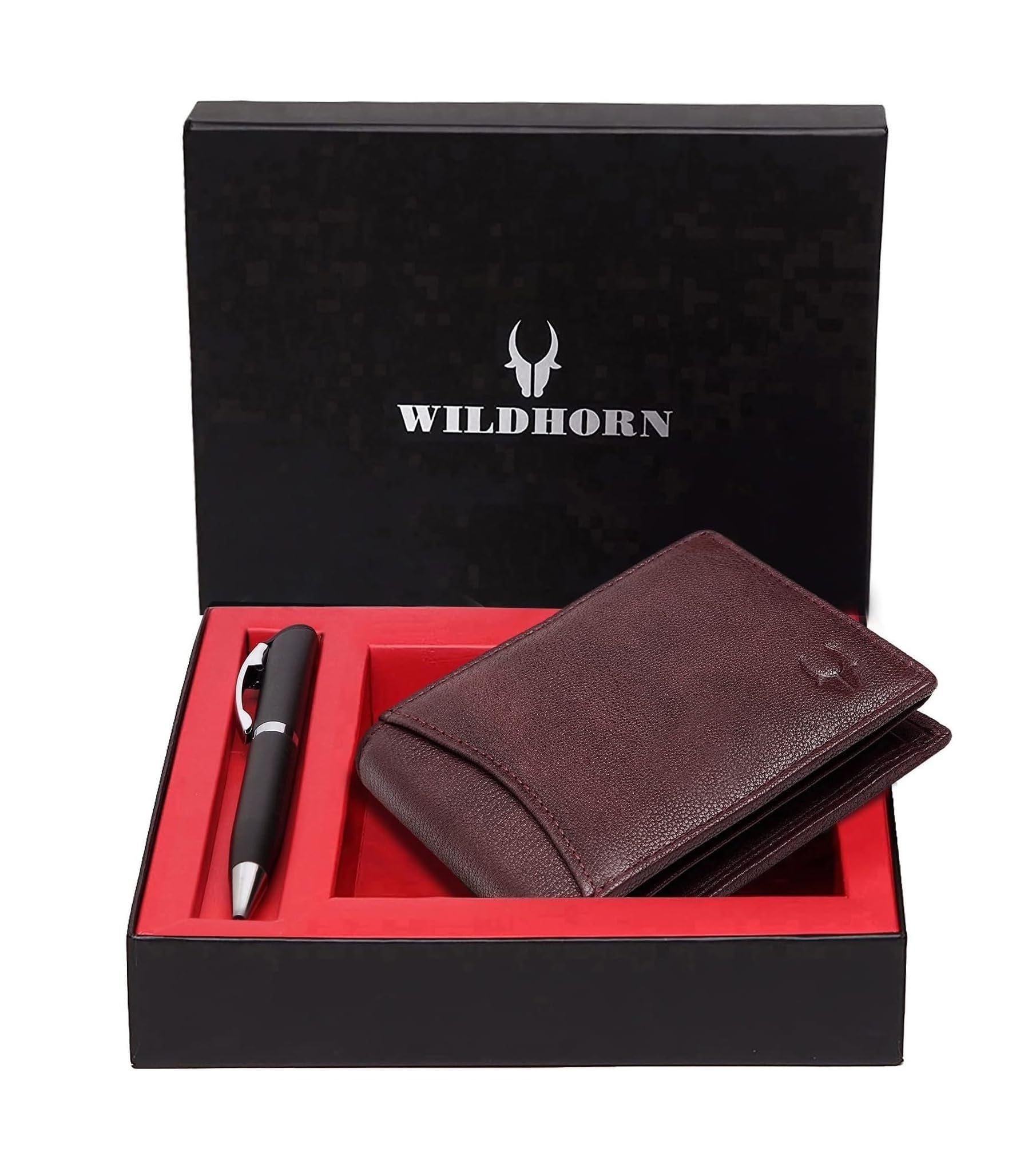 WildHorn ® Men's RFID Protected Genuine Leather Wallet and Pen Combo (MAROON73)