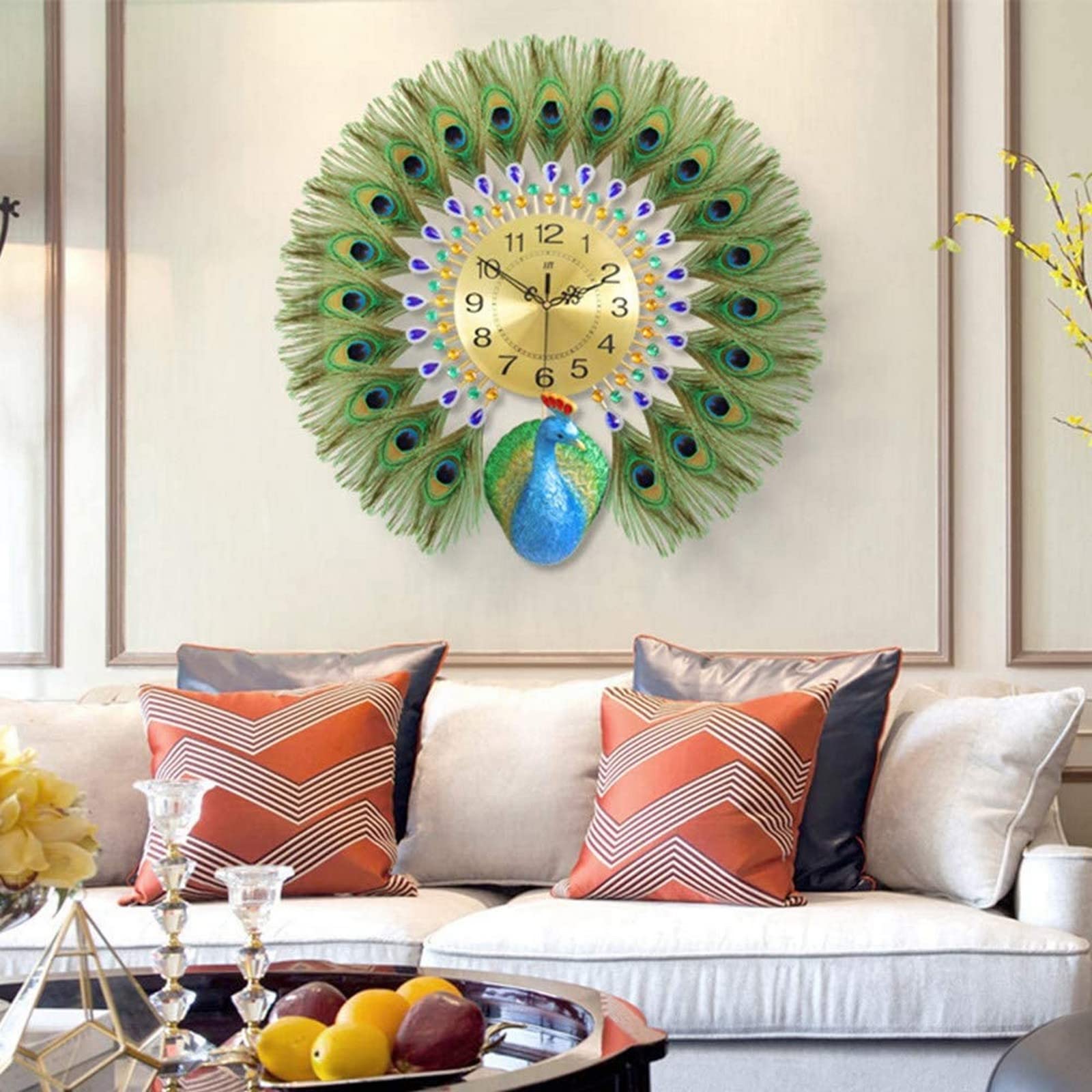 Horloge murale plume de paon geante et silencieuse pour salon