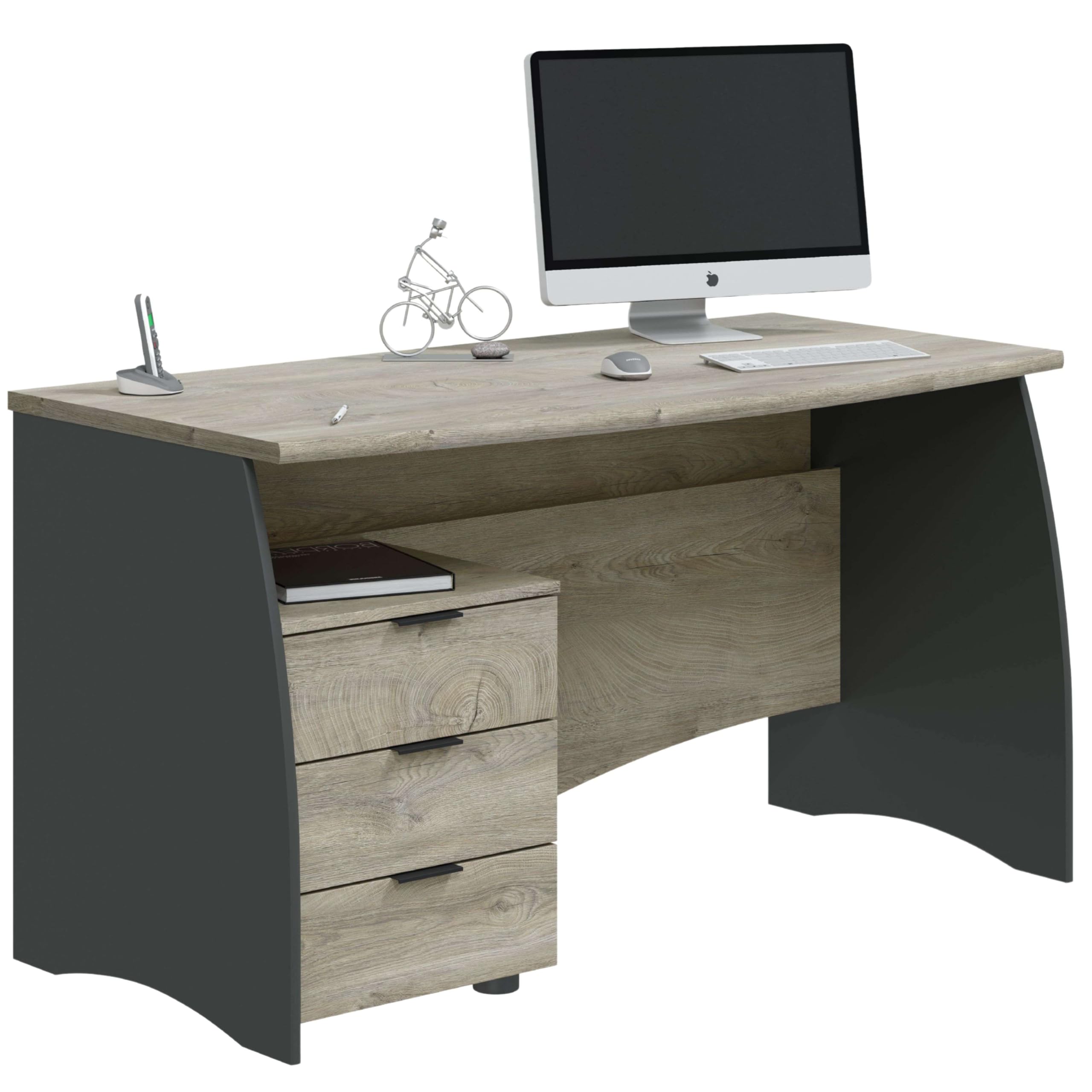 Habitdesign Mesa de Despacho con 3 Cajones, Mesa de Oficina o Estudio, Modelo Stil, Acabado en Gris Antracita y Roble Alaska, Medidas: 136 cm (Ancho) x 67 cm (Fondo) x 74 cm (Alto)