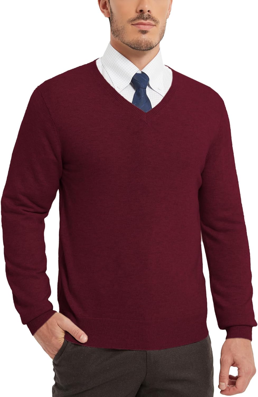 Kallspin Men's Wool Blend V-Neck Sweater Relax Fit Knit Pullover for Fall Winter