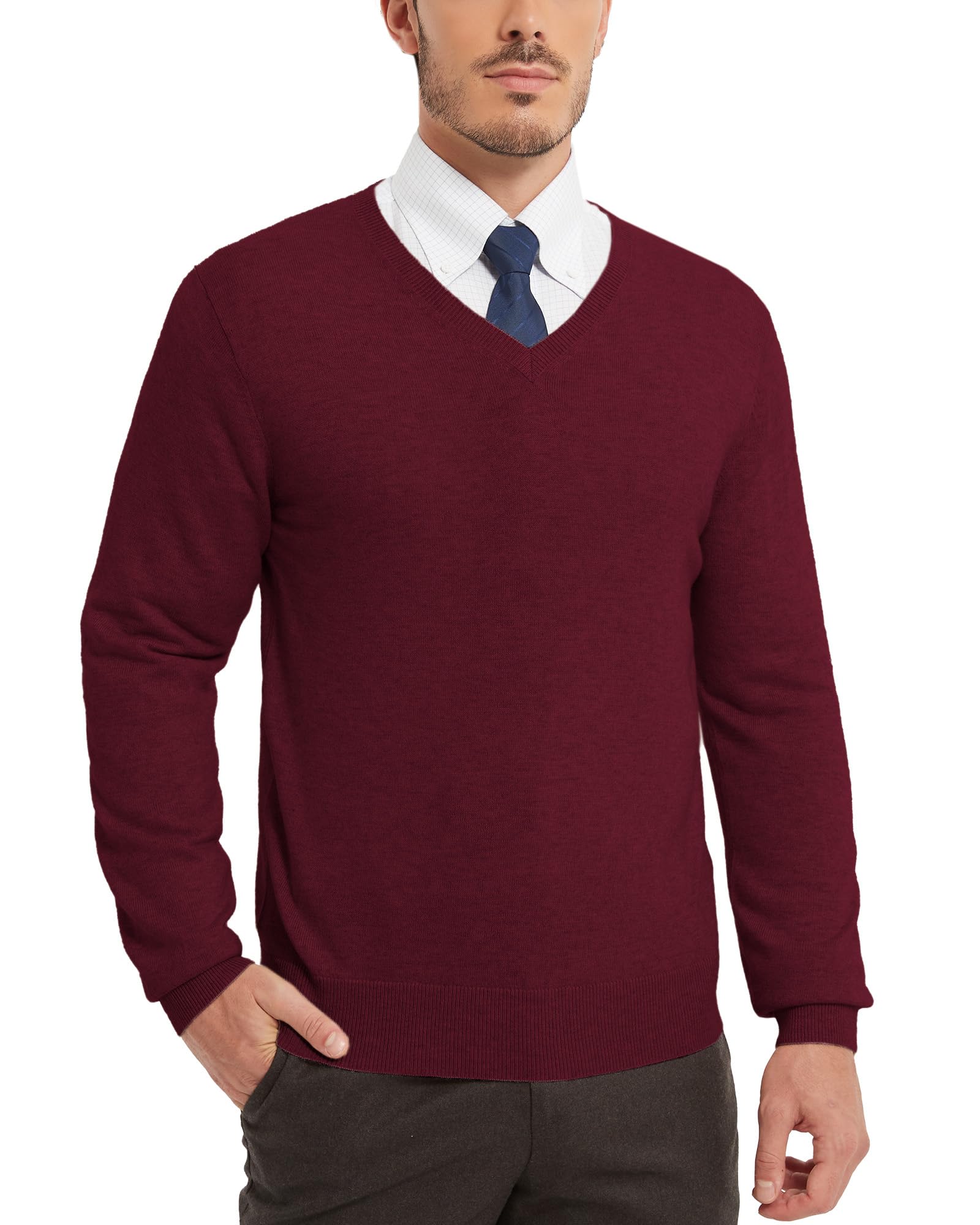 Kallspin Men’s Wool Blend Jumper Sweater V Neck Long Sleeve Knit Pullover Smart Casual Knitwear(Burgundy, 3XL)