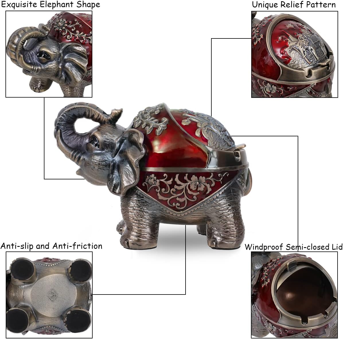 Elephant Ashtray with Lid - Windproof Metal Ashtray for Outdoor & Indoor Use, Practical Vintage Decoration (Red)
