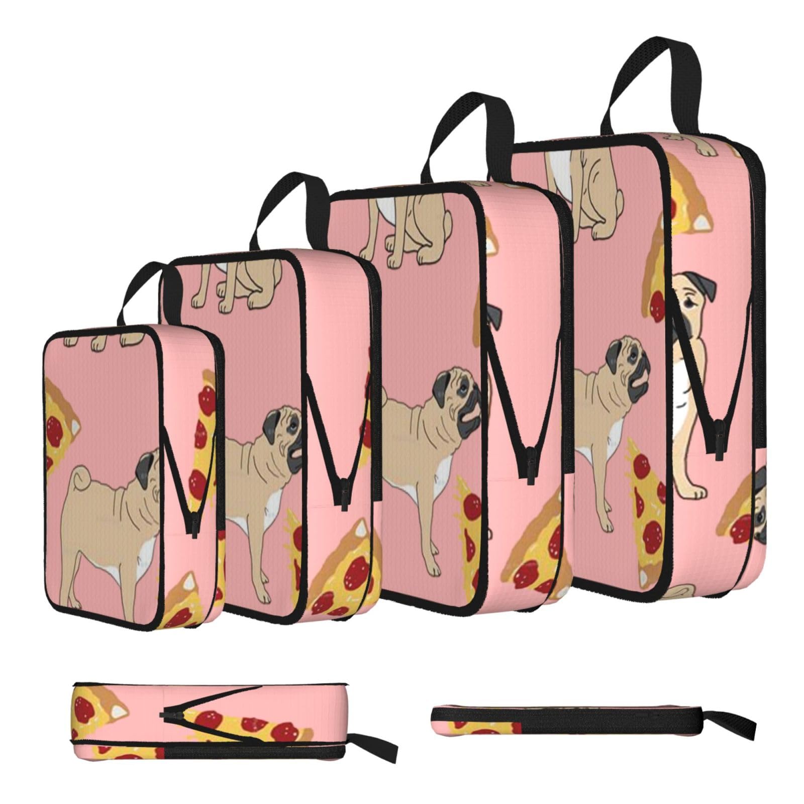 Pug Pizza Pink Print Compression Packing Cubes 4-Piece Set With Multi- Compartment Travel Bag, Waterproof Suitcase Organiser Bags