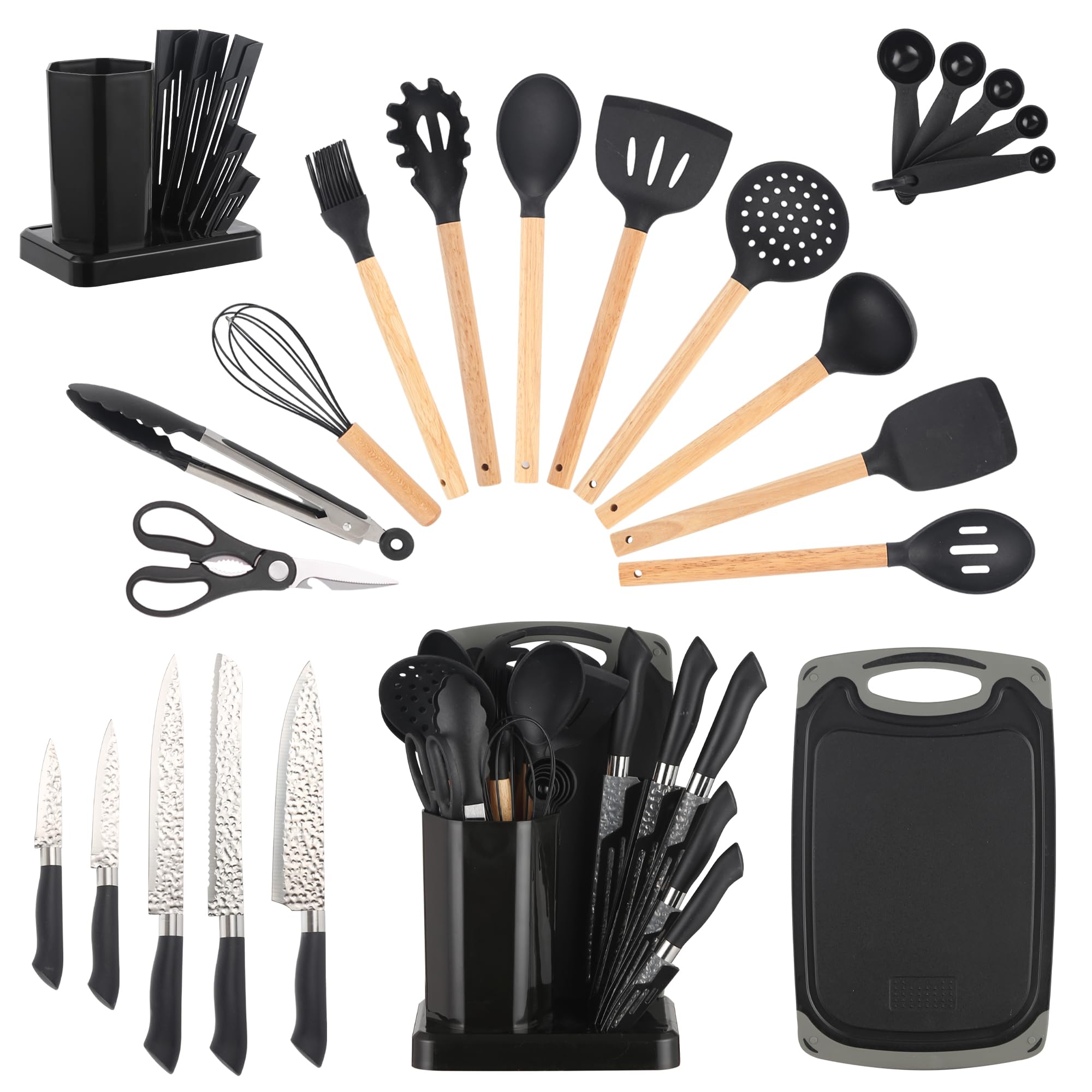 23-teiliges Küchenmesser- und Küchenutensilien-Set mit Messerblock, Schneidebrett, Silikon Kochutensilien, Edelstahlmesser und Holzgriff Küchenhelfer Schwarz