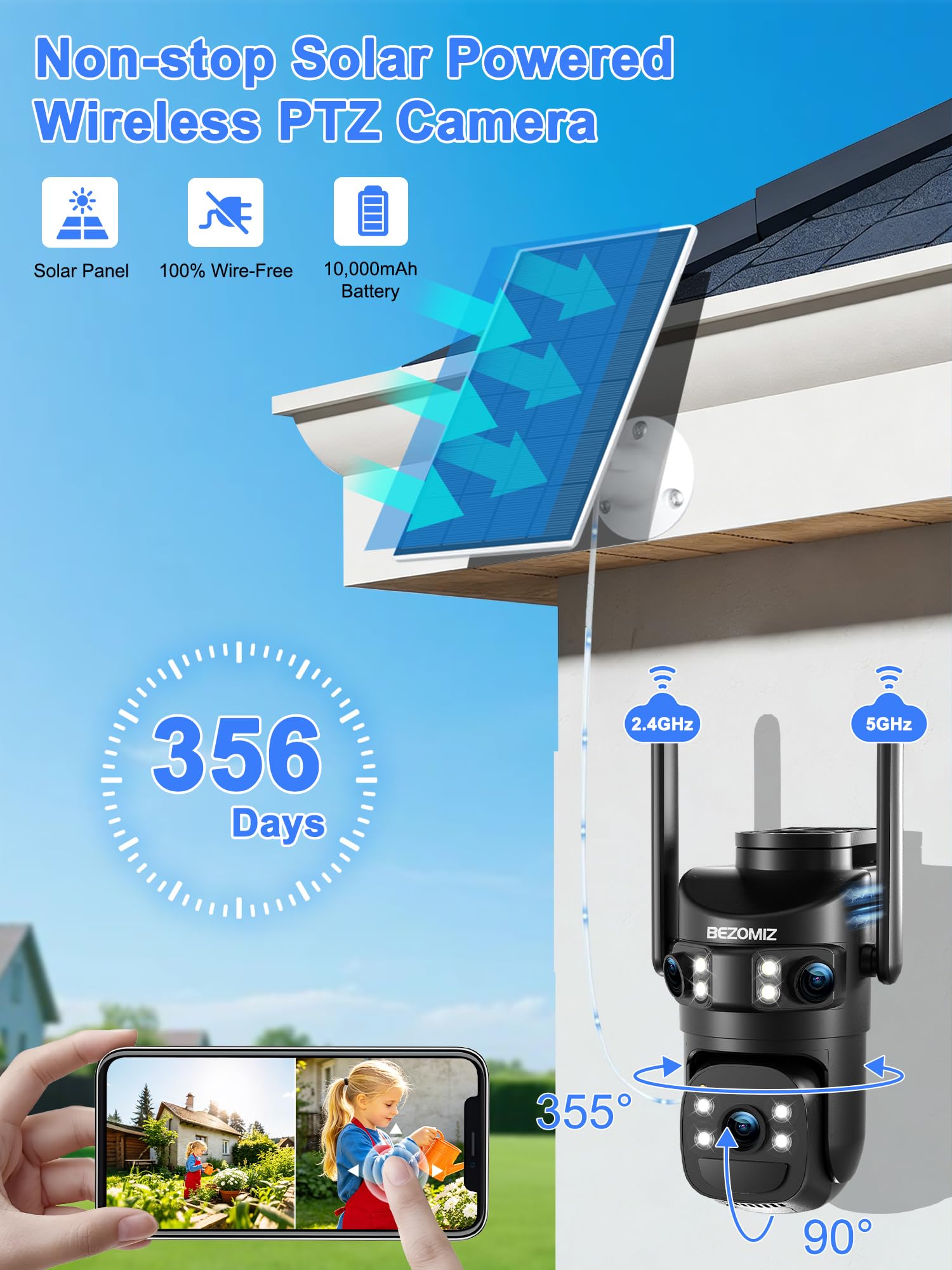 4K Caméra Surveillance WiFi Extérieure à triple objectif,2.4/5G WIFI,360° PTZ Camera Solaire,12MP Détection Humaine,avec Batterie,Suivi Automatique,Vision Nocturne Couleur,Étanche,Audio Bidirectionnel