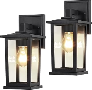 Outdoor Wall Light Fixtures, Exterior Wall Lanterns Waterproof with Aluminum & Clear Glass Shades, Matte Black Outside Wall Sconces with E26 Base, Modern Wall Lamps for Porch, Garage, 2 Pack
