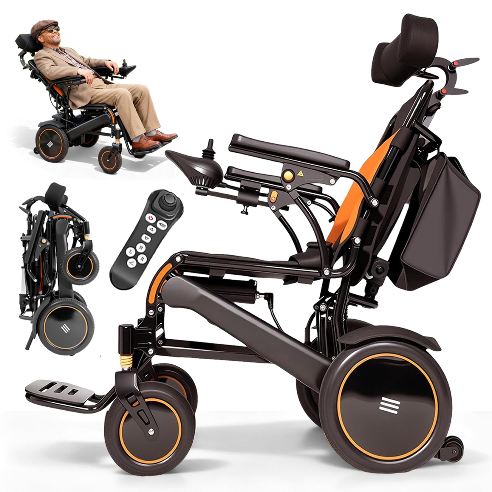 Silla de ruedas eléctrica plegable ligera hasta 150 kg, silla de ruedas eléctrica con respaldo ajustable hasta 160°, motor de 700 W y alcance de 20-30 KM, incluye mando a distancia para adultos